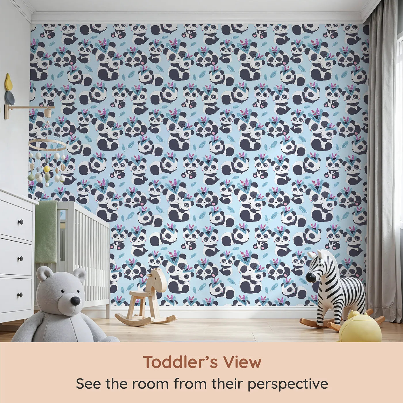Whimsy Tots Tribal Hug Panda Wallpaper in Blue (W3040E) from your child's view.Feathered pandas snuggle under a sky-blue canopy of calm.
