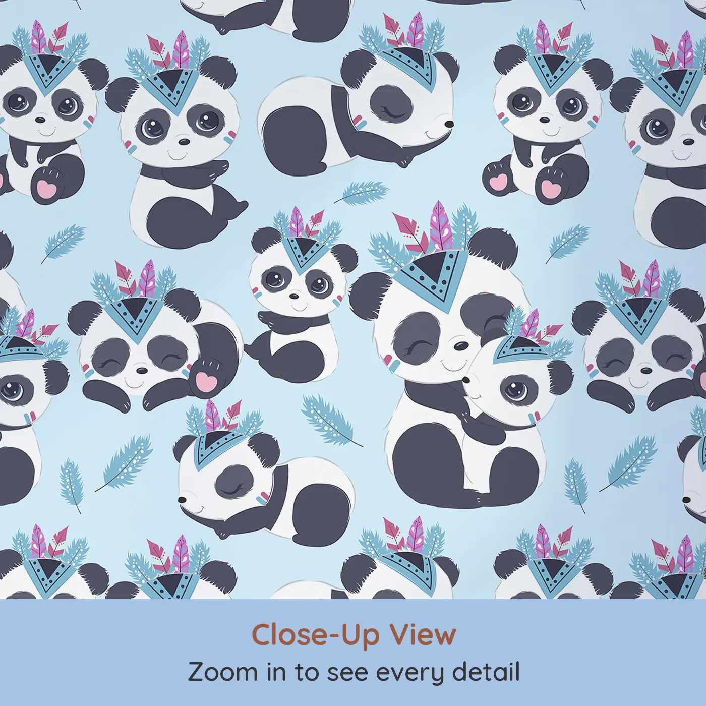 Close-up view of Whimsy Tots' Tribal Hug Panda Wallpaper in Blue (W3040E).Feathered pandas snuggle under a sky-blue canopy of calm.