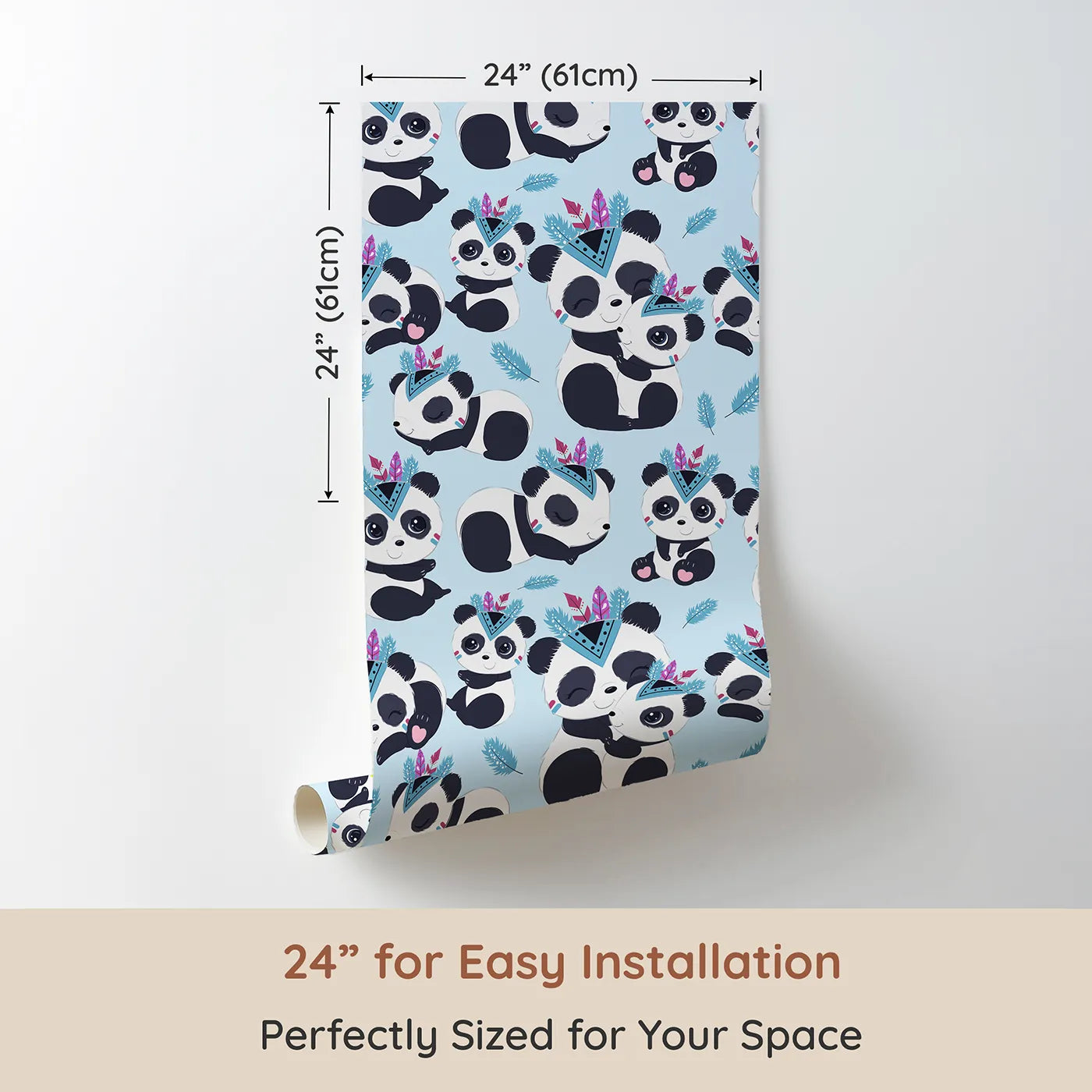 Dimension view of Whimsy Tots Tribal Hug Panda Wallpaper in Blue (W3040E). Printed in 24-inch-wide panel for easy installation. Feathered pandas snuggle under a sky-blue canopy of calm.