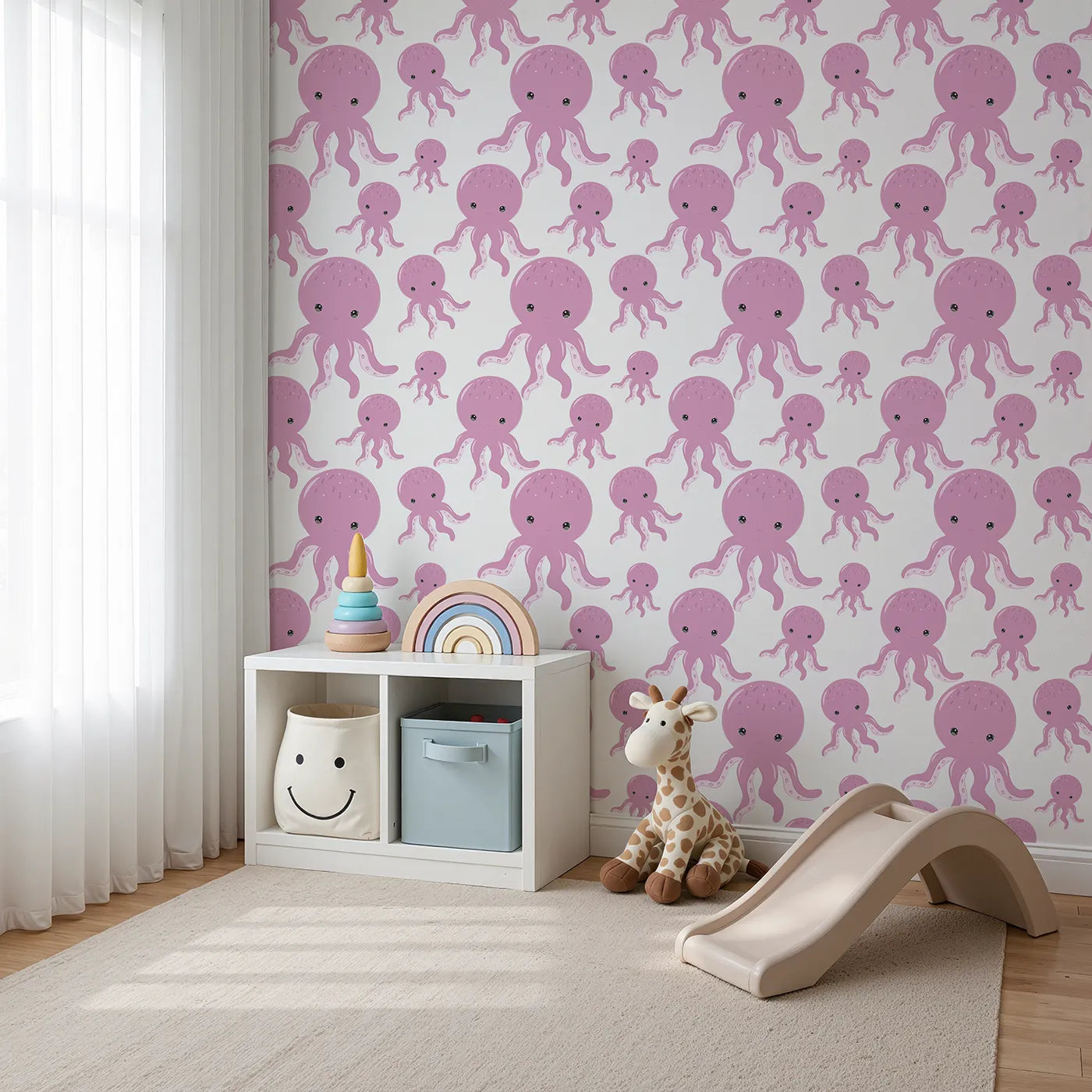Angled view of Whimsy Tots' Ocean Bubbles Octopus Wallpaper in Pink (W3041A).Cheerful pink octopuses float playfully across a bubbly sea.