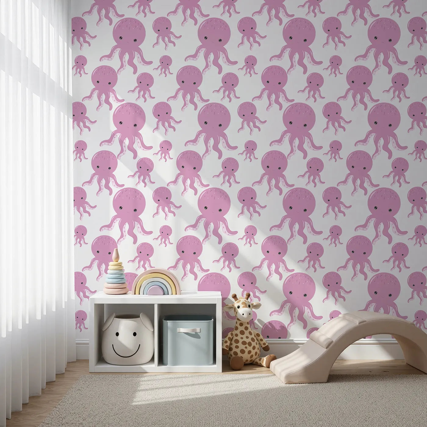 Front view of Whimsy Tots' Ocean Bubbles Octopus Wallpaper in Pink
