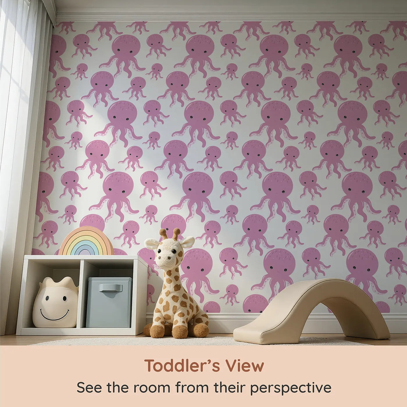 Whimsy Tots Ocean Bubbles Octopus Wallpaper in Pink (W3041A) from your child's view.Cheerful pink octopuses float playfully across a bubbly sea.