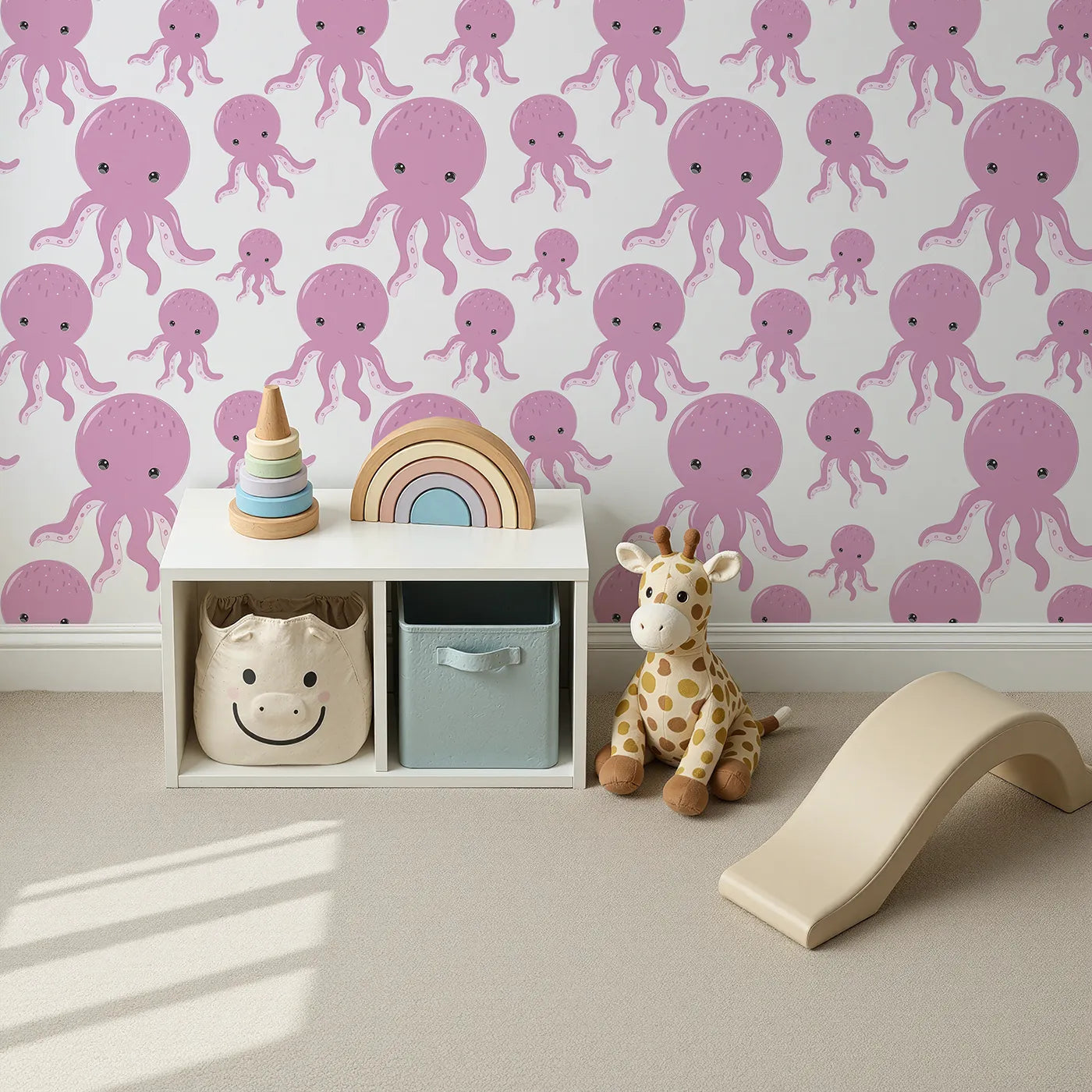 Top-Down view of Whimsy Tots' Ocean Bubbles Octopus Wallpaper in Pink (W3041A).Cheerful pink octopuses float playfully across a bubbly sea.