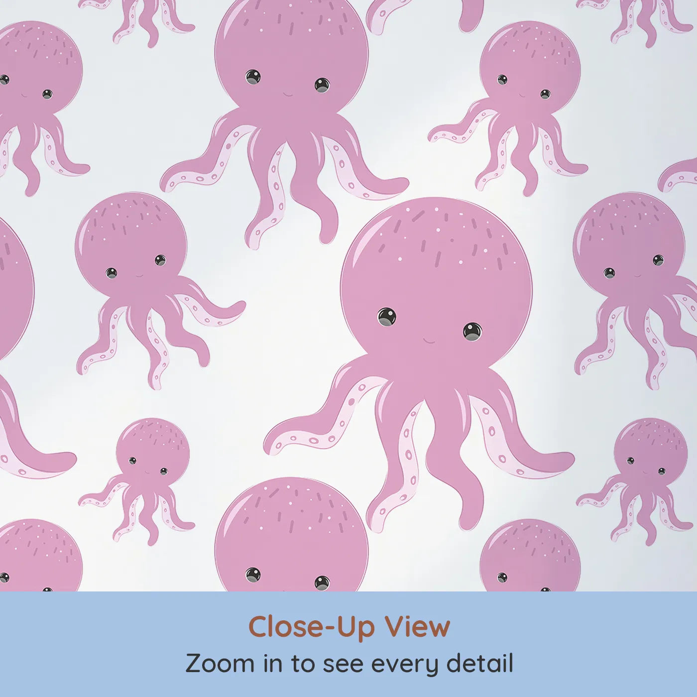 Close-up view of Whimsy Tots' Ocean Bubbles Octopus Wallpaper in Pink (W3041A).Cheerful pink octopuses float playfully across a bubbly sea.