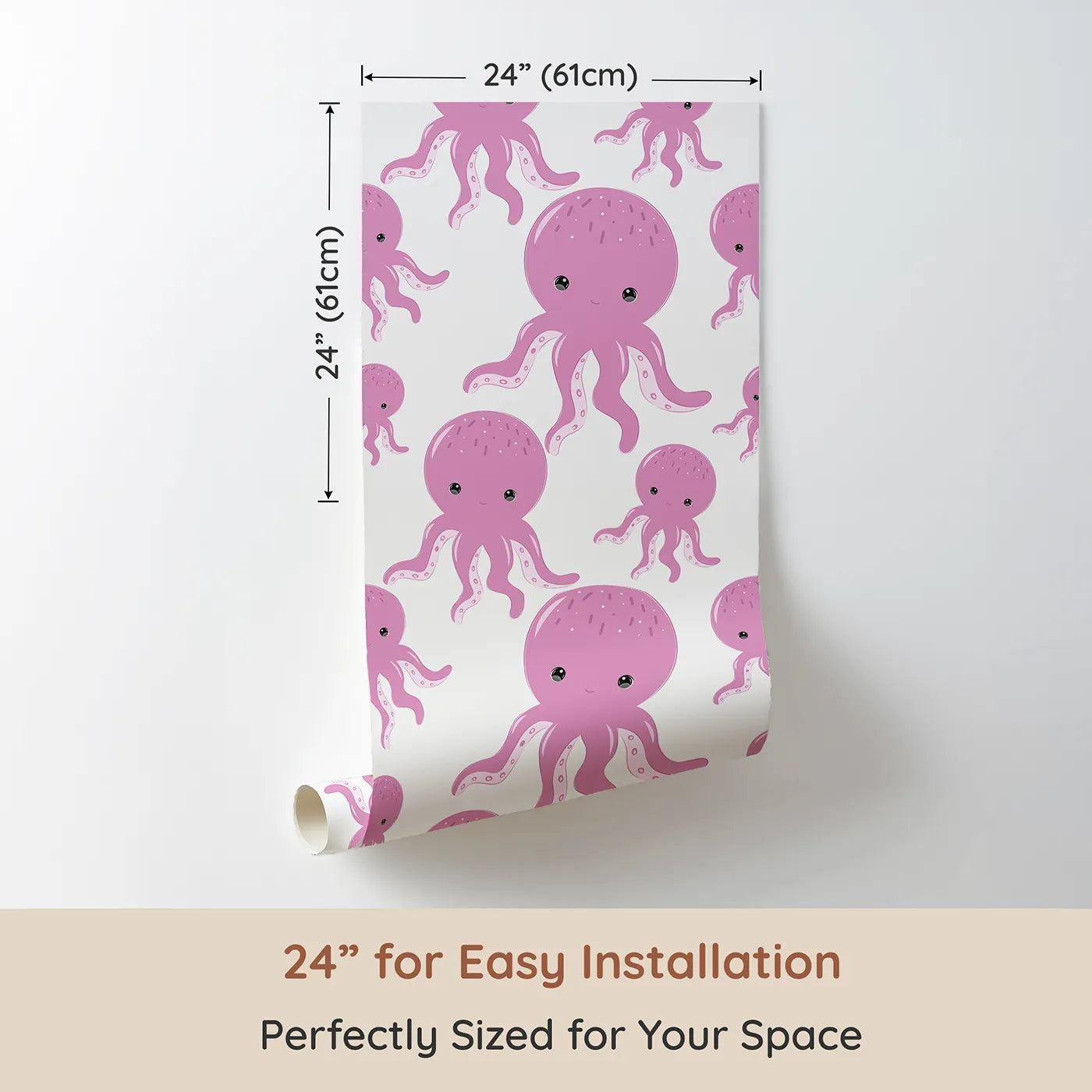 Dimension view of Whimsy Tots Ocean Bubbles Octopus Wallpaper in Pink (W3041A). Printed in 24-inch-wide panel for easy installation. Cheerful pink octopuses float playfully across a bubbly sea.