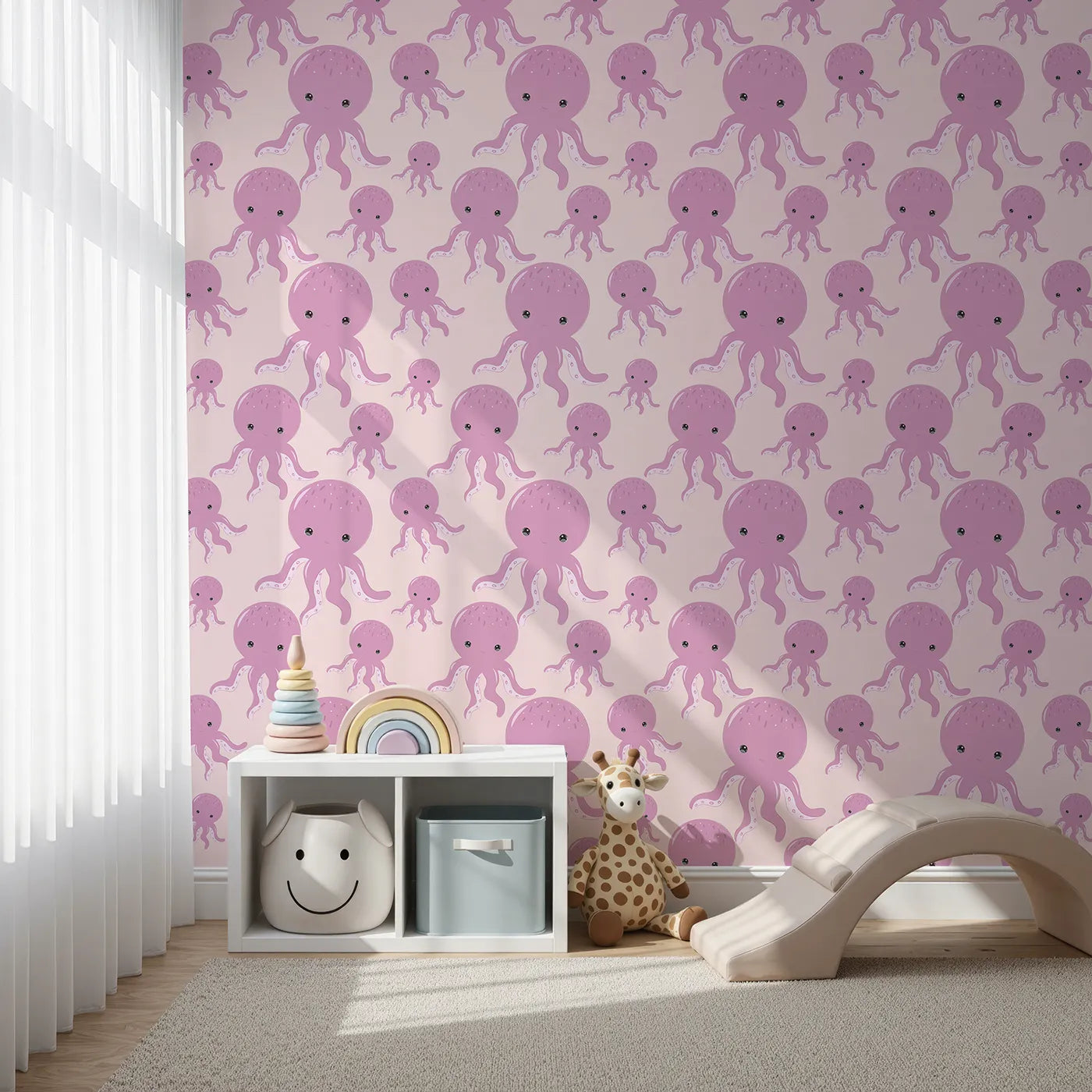 Front view of Whimsy Tots' Ocean Bubbles Octopus Wallpaper in Blush Pink