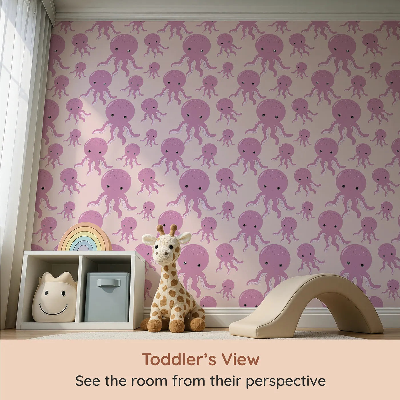 Whimsy Tots Ocean Bubbles Octopus Wallpaper in Blush Pink (W3041B) from your child's view.Smiling pink octopuses float gently across a rosy sea of calm.