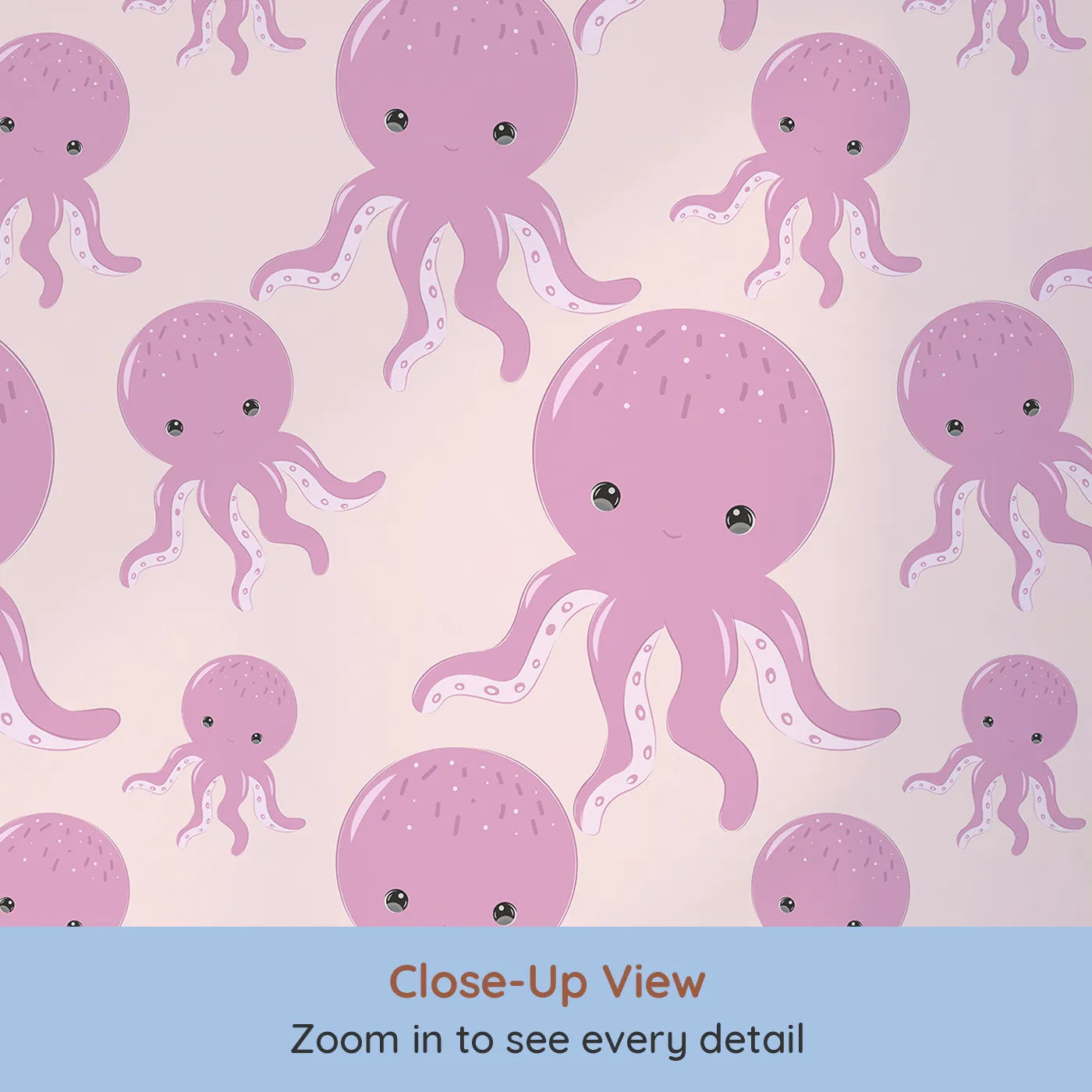 Close-up view of Whimsy Tots' Ocean Bubbles Octopus Wallpaper in Blush Pink (W3041B).Smiling pink octopuses float gently across a rosy sea of calm.