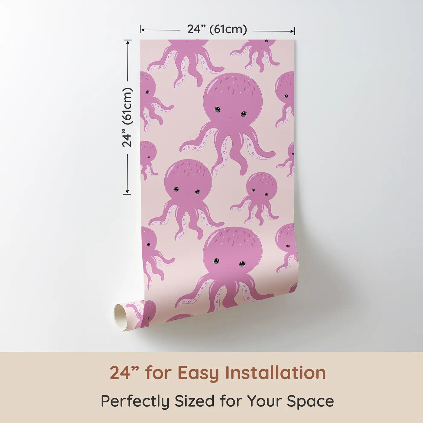 Dimension view of Whimsy Tots Ocean Bubbles Octopus Wallpaper in Blush Pink (W3041B). Printed in 24-inch-wide panel for easy installation. Smiling pink octopuses float gently across a rosy sea of calm.