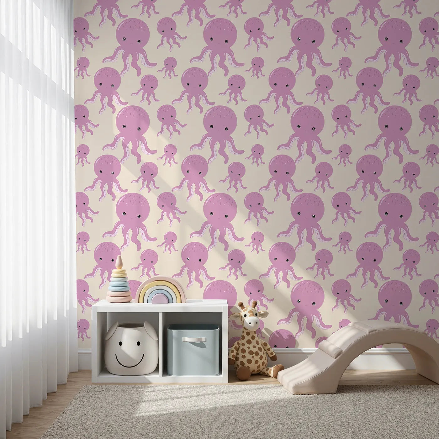 Front view of Whimsy Tots' Ocean Bubbles Octopus Wallpaper in Beige