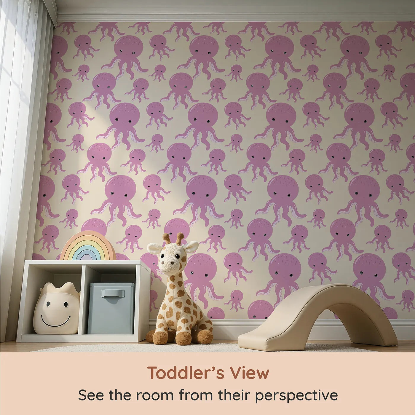 Whimsy Tots Ocean Bubbles Octopus Wallpaper in Beige (W3041C) from your child's view.Friendly octopuses swim through a warm sea of bubbly calm.