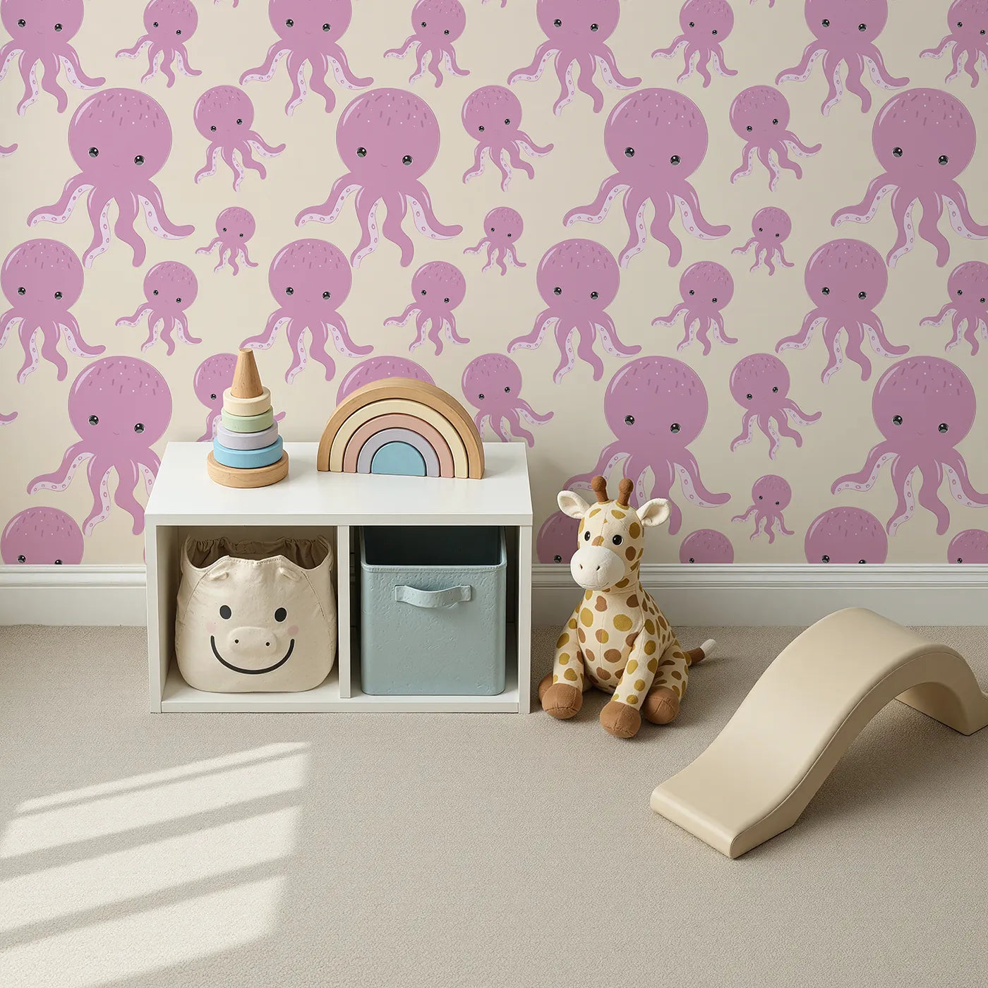 Top-Down view of Whimsy Tots' Ocean Bubbles Octopus Wallpaper in Beige (W3041C).Friendly octopuses swim through a warm sea of bubbly calm.