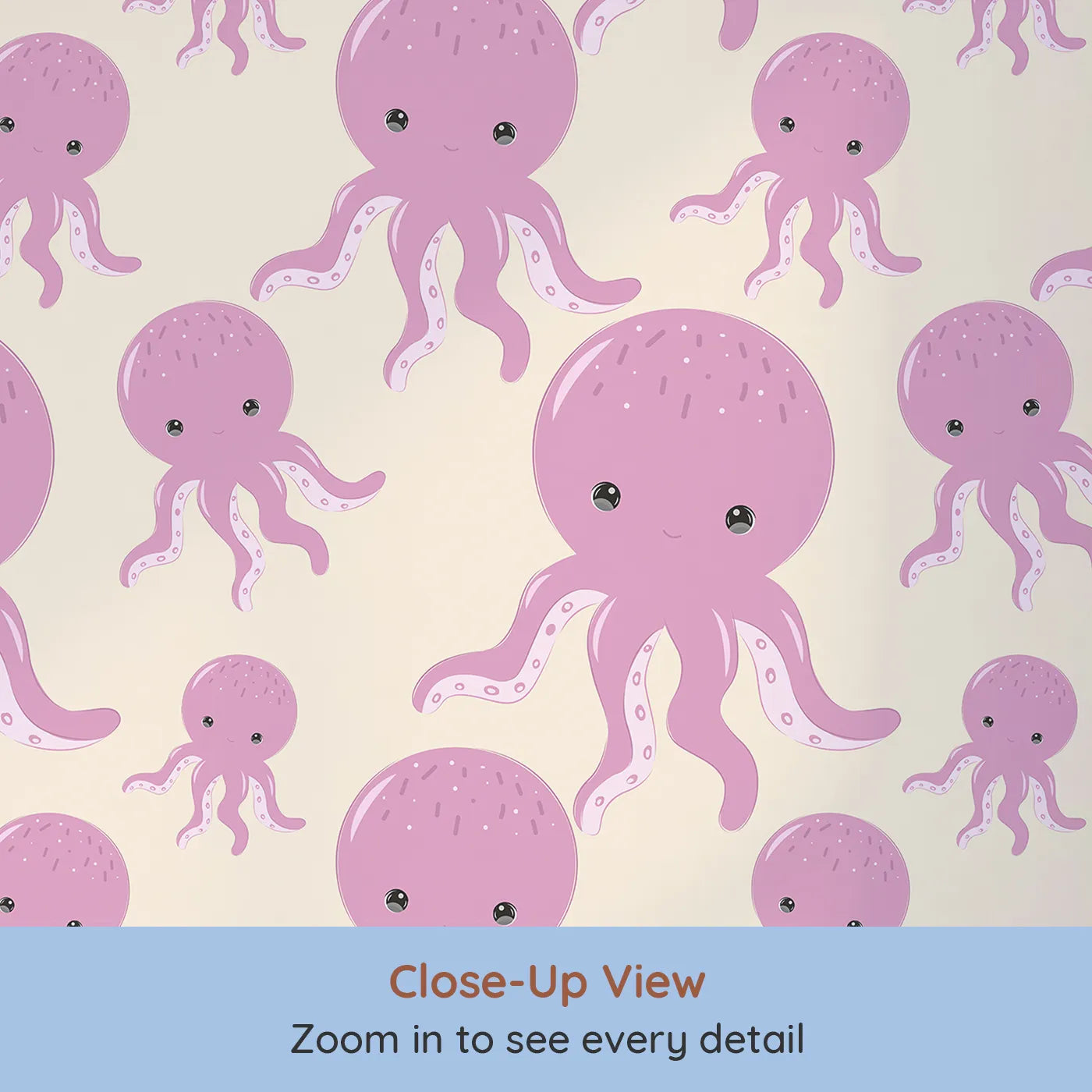 Close-up view of Whimsy Tots' Ocean Bubbles Octopus Wallpaper in Beige (W3041C).Friendly octopuses swim through a warm sea of bubbly calm.