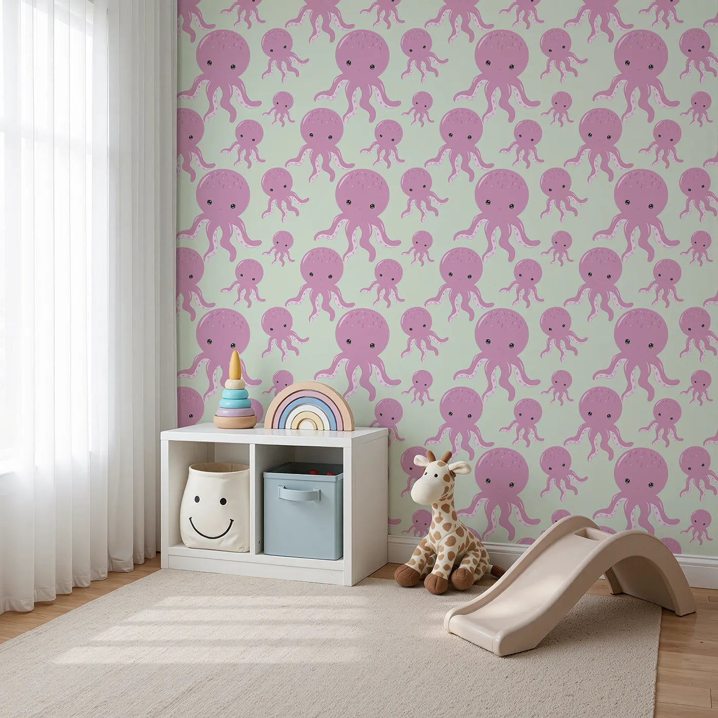 Angled view of Whimsy Tots' Ocean Bubbles Octopus Wallpaper in Mint Green (W3041D).Bubbly pink octopuses twirl gently across a minty sea.