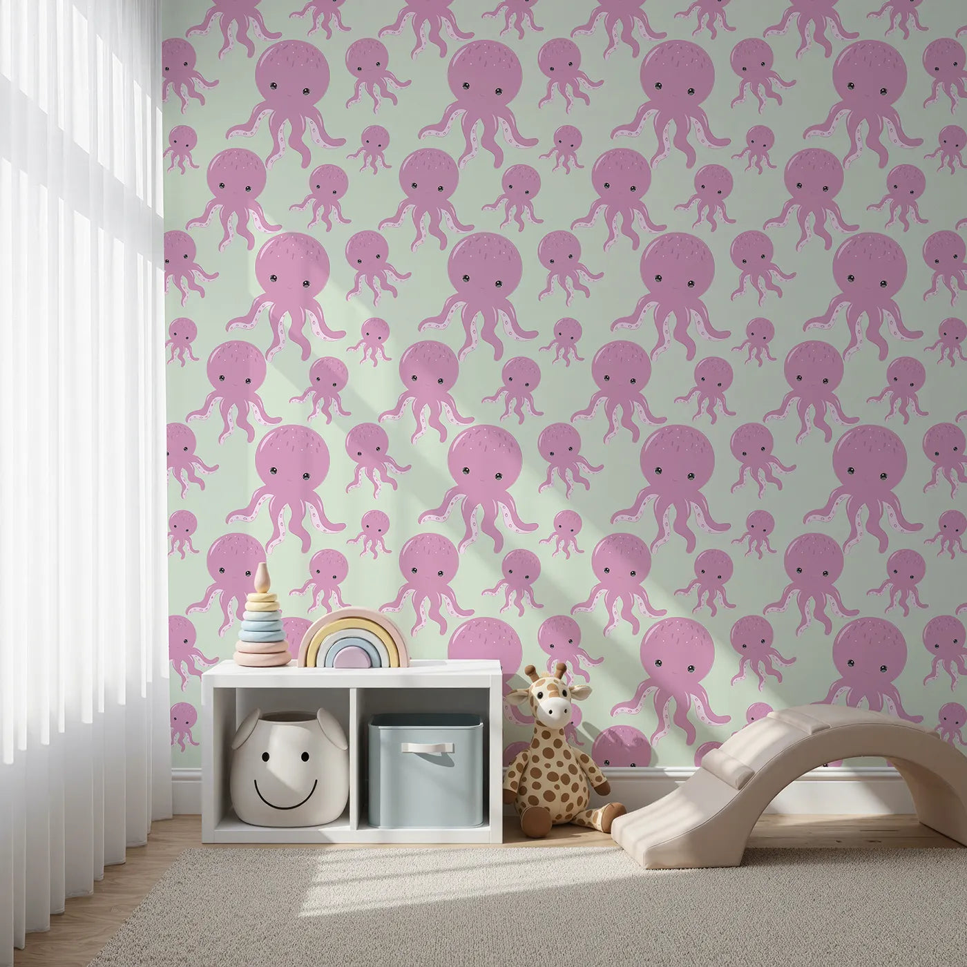 Front view of Whimsy Tots' Ocean Bubbles Octopus Wallpaper in Mint Green