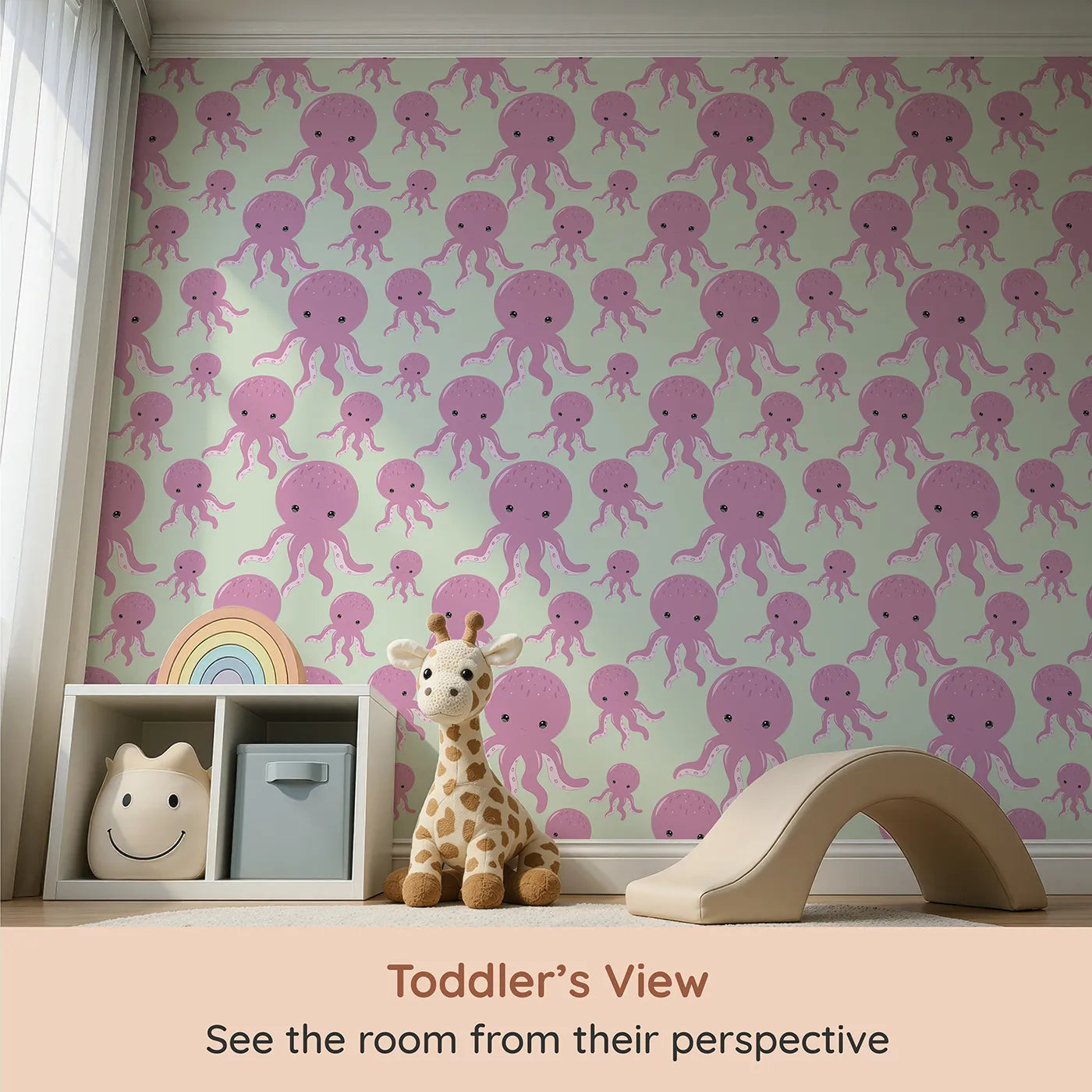 Whimsy Tots Ocean Bubbles Octopus Wallpaper in Mint Green (W3041D) from your child's view.Bubbly pink octopuses twirl gently across a minty sea.