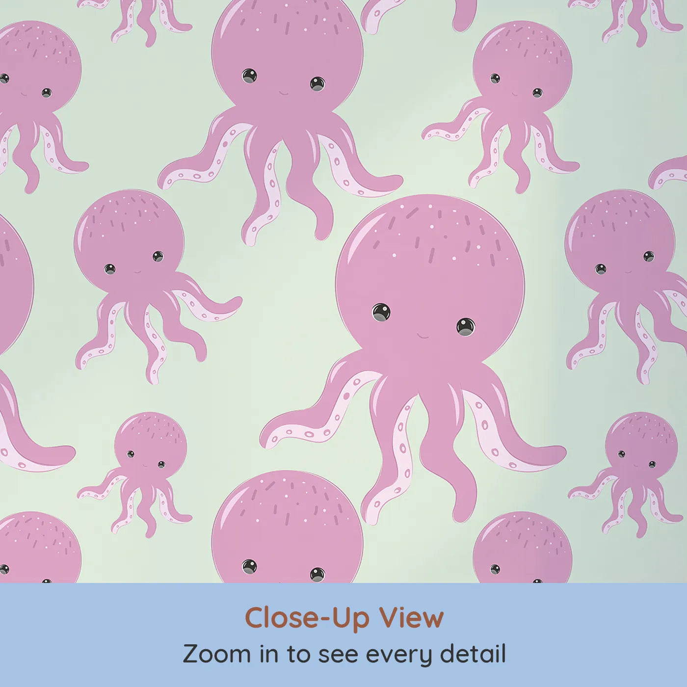 Close-up view of Whimsy Tots' Ocean Bubbles Octopus Wallpaper in Mint Green (W3041D).Bubbly pink octopuses twirl gently across a minty sea.