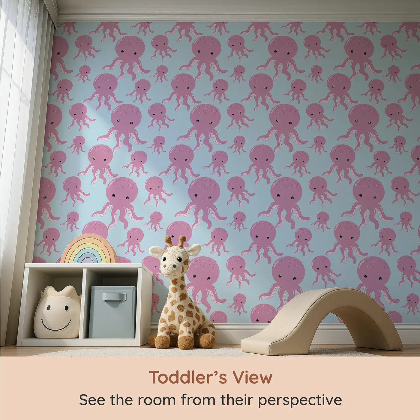 Whimsy Tots Ocean Bubbles Octopus Wallpaper in Blue (W3041E) from your child's view.Smiling octopuses swim across a bright blue sea of fun.
