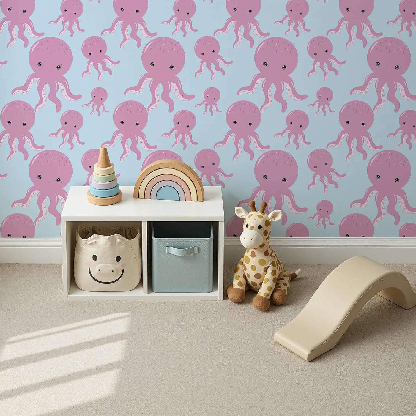 Top-Down view of Whimsy Tots' Ocean Bubbles Octopus Wallpaper in Blue (W3041E).Smiling octopuses swim across a bright blue sea of fun.