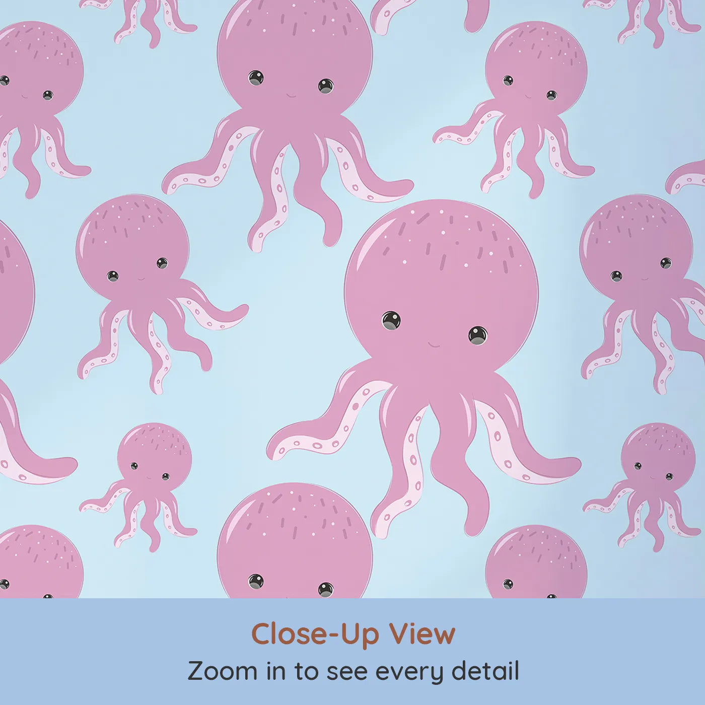Close-up view of Whimsy Tots' Ocean Bubbles Octopus Wallpaper in Blue (W3041E).Smiling octopuses swim across a bright blue sea of fun.