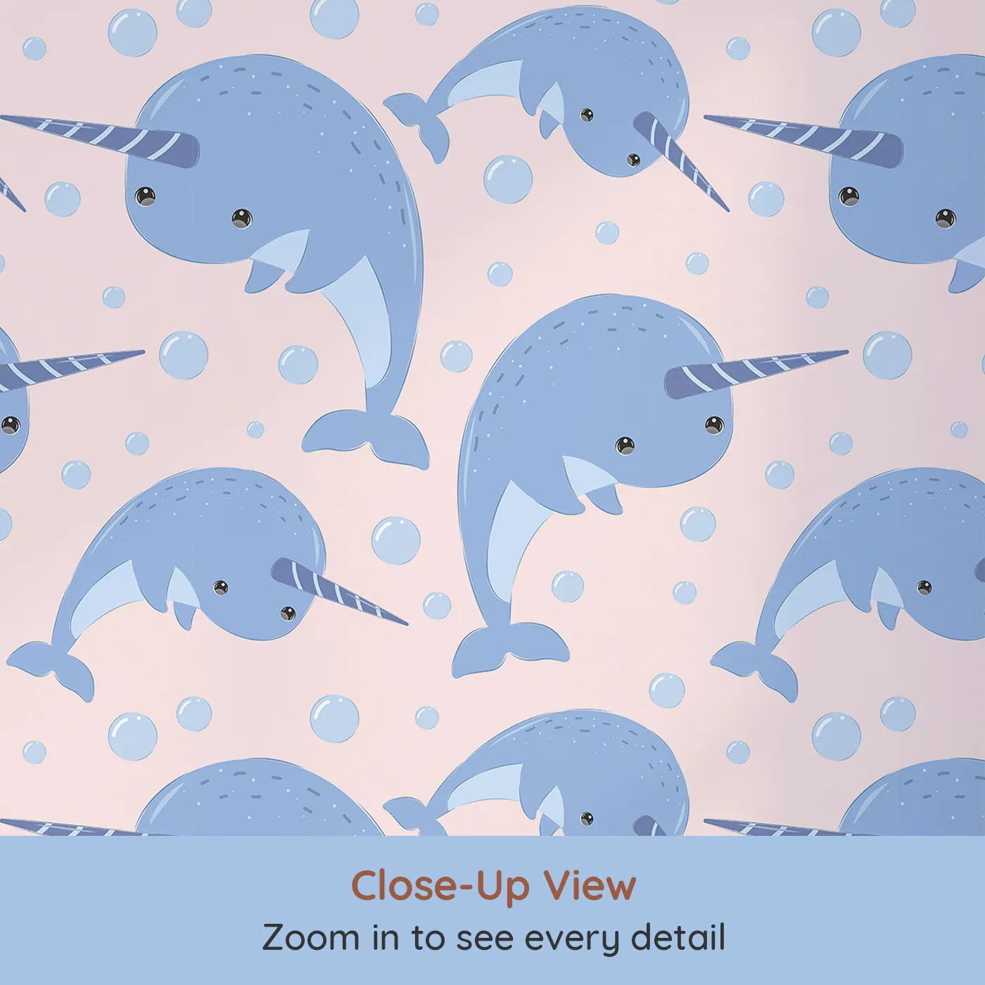 Close-up view of Whimsy Tots' Bubbly Narwhal Parade Wallpaper in Blue (W3042B).Smiling narwhals and soft bubbles dance in a crisp blue sea.