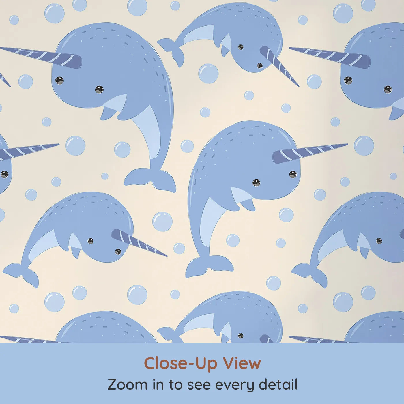 Close-up view of Whimsy Tots' Bubbly Narwhal Parade Wallpaper in Beige (W3042C).Smiling narwhals and floating bubbles dance across a soft sandy sea.