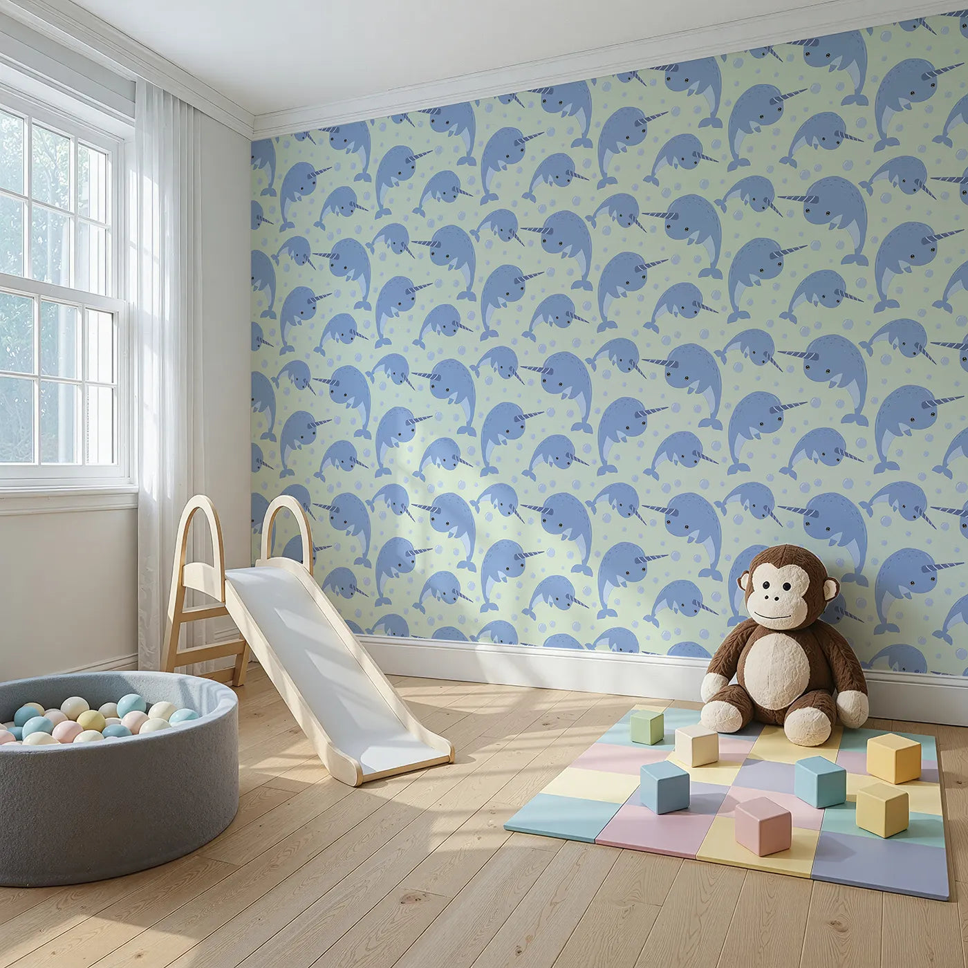 Angled view of Whimsy Tots' Bubbly Narwhal Parade Wallpaper in Mint Green (W3042D).Magical narwhals drift across a minty ocean sky filled with bubbles.