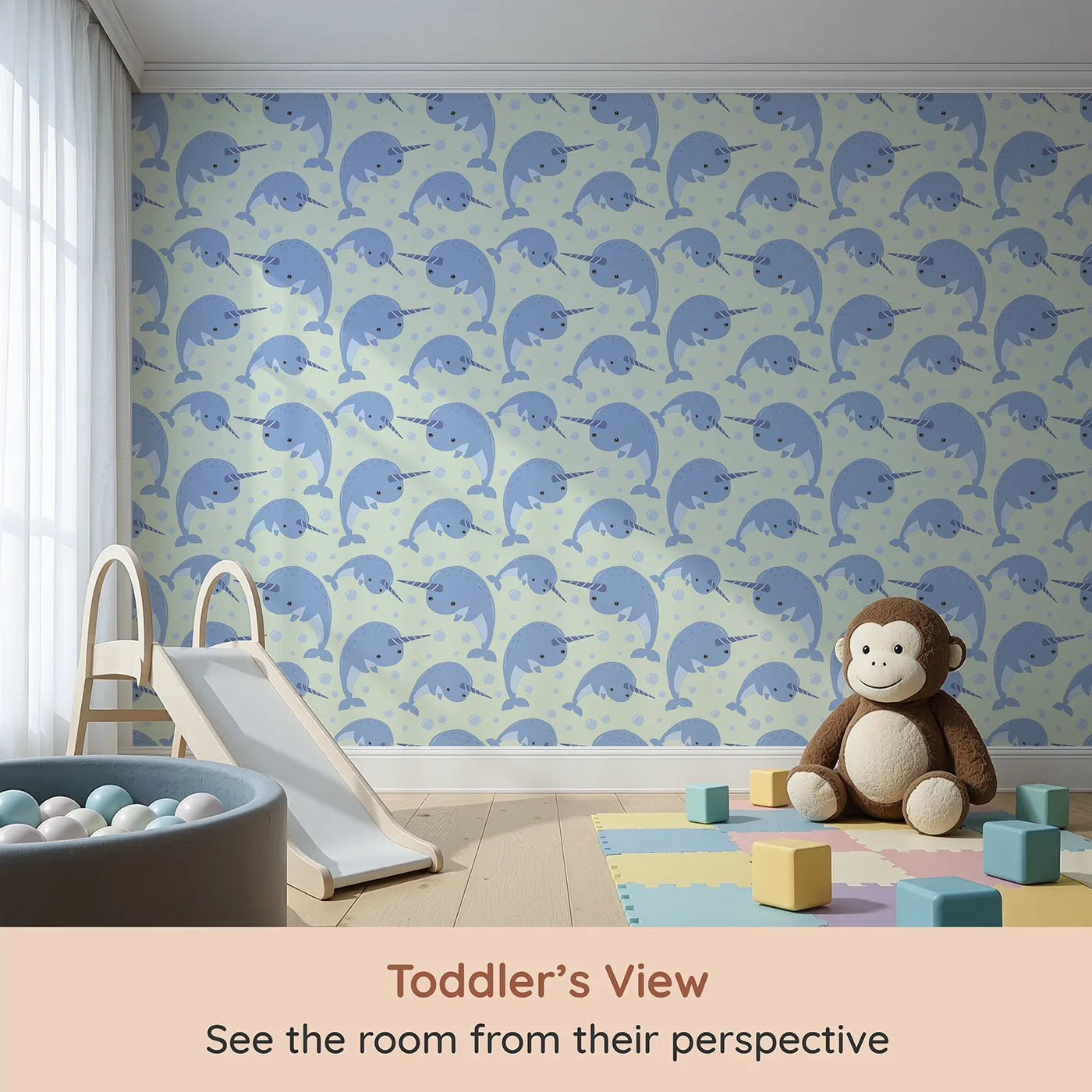 Whimsy Tots Bubbly Narwhal Parade Wallpaper in Mint Green (W3042D) from your child's view.Magical narwhals drift across a minty ocean sky filled with bubbles.