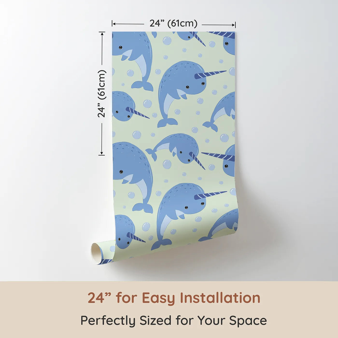 Dimension view of Whimsy Tots Bubbly Narwhal Parade Wallpaper in Mint Green (W3042D). Printed in 24-inch-wide panel for easy installation. Magical narwhals drift across a minty ocean sky filled with bubbles.