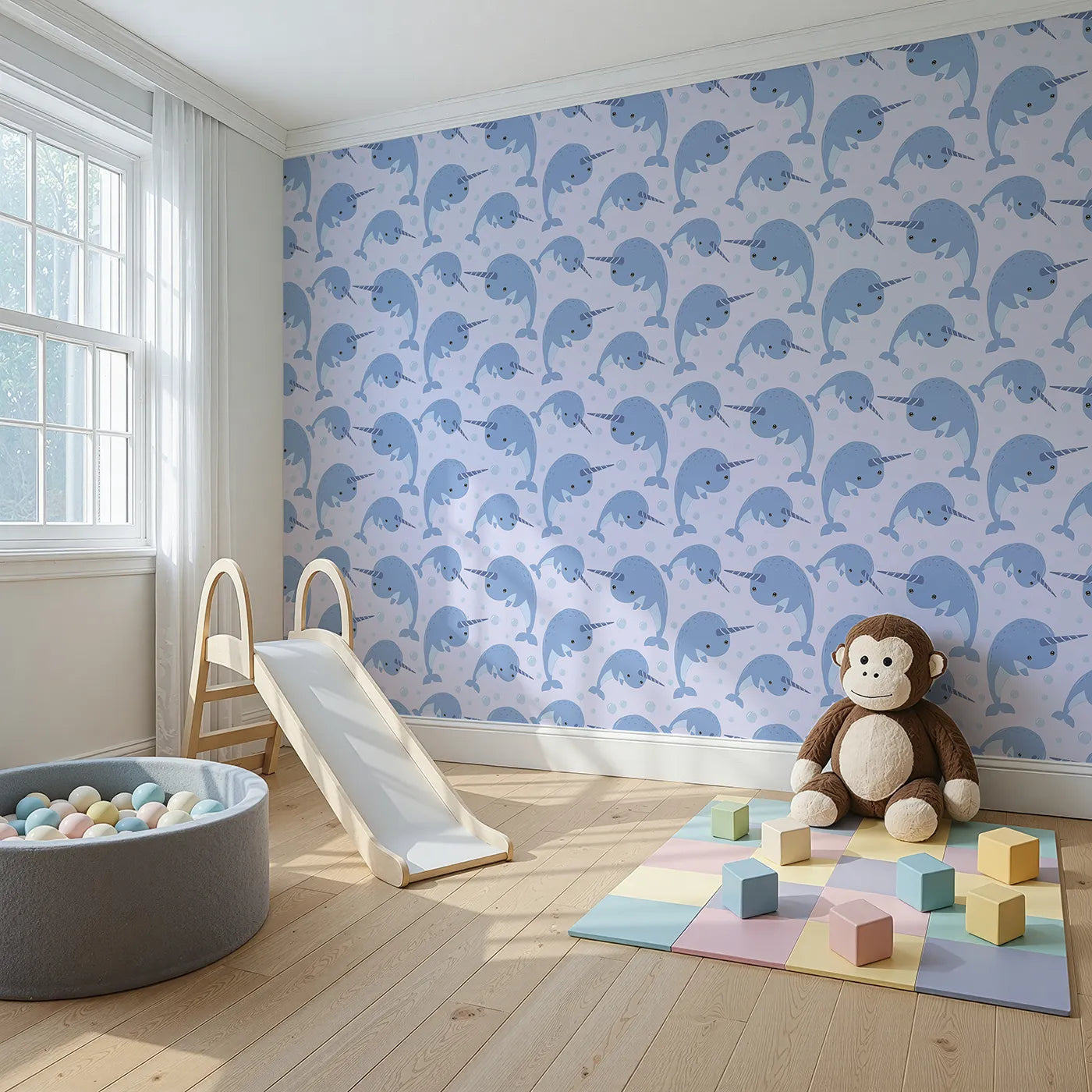 Angled view of Whimsy Tots' Bubbly Narwhal Parade Wallpaper in Lavender (W3042E).Cheerful narwhals swim gently through a lavender sky of bubbles.