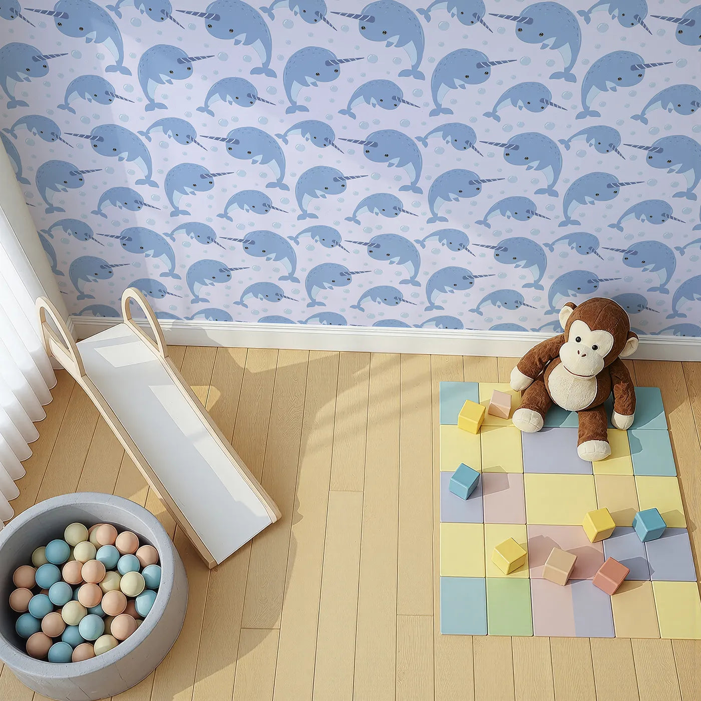 Top-Down view of Whimsy Tots' Bubbly Narwhal Parade Wallpaper in Lavender (W3042E).Cheerful narwhals swim gently through a lavender sky of bubbles.