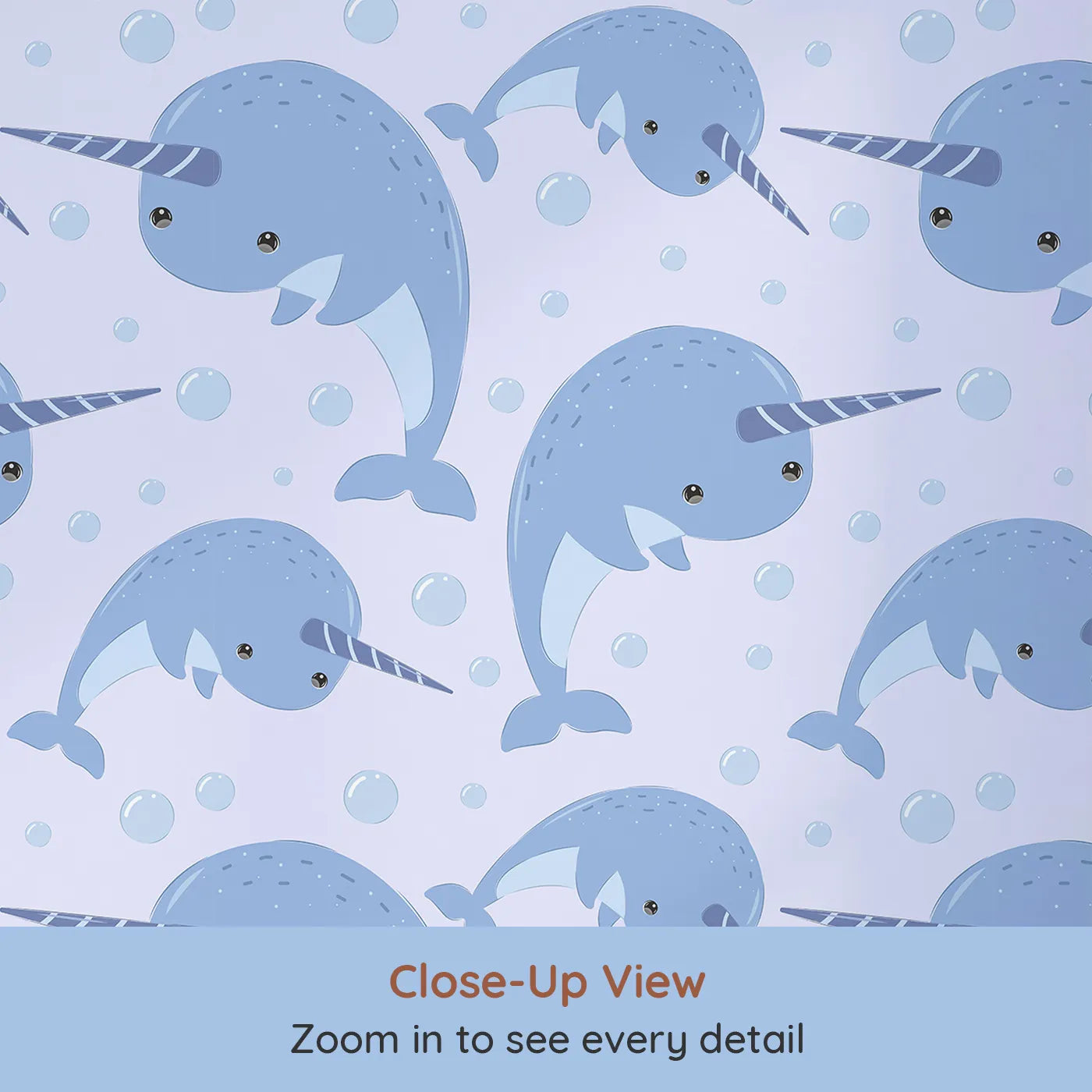 Close-up view of Whimsy Tots' Bubbly Narwhal Parade Wallpaper in Lavender (W3042E).Cheerful narwhals swim gently through a lavender sky of bubbles.