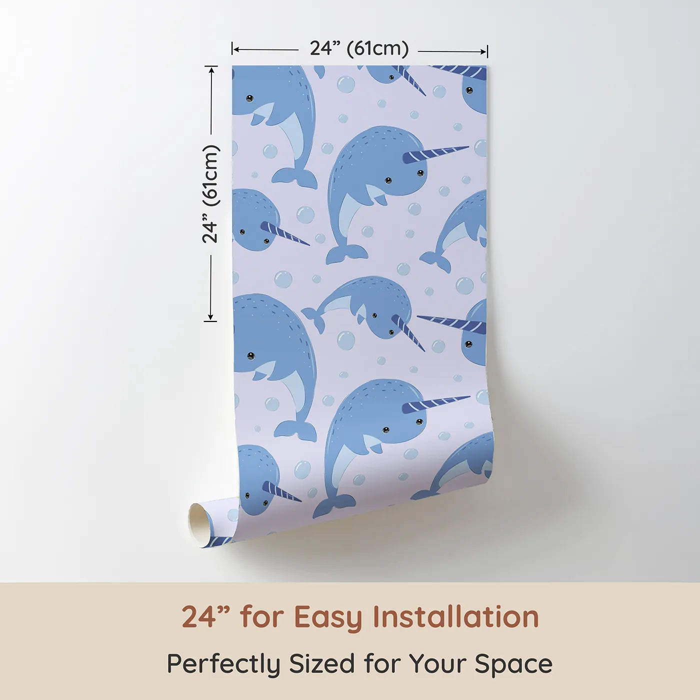 Dimension view of Whimsy Tots Bubbly Narwhal Parade Wallpaper in Lavender (W3042E). Printed in 24-inch-wide panel for easy installation. Cheerful narwhals swim gently through a lavender sky of bubbles.