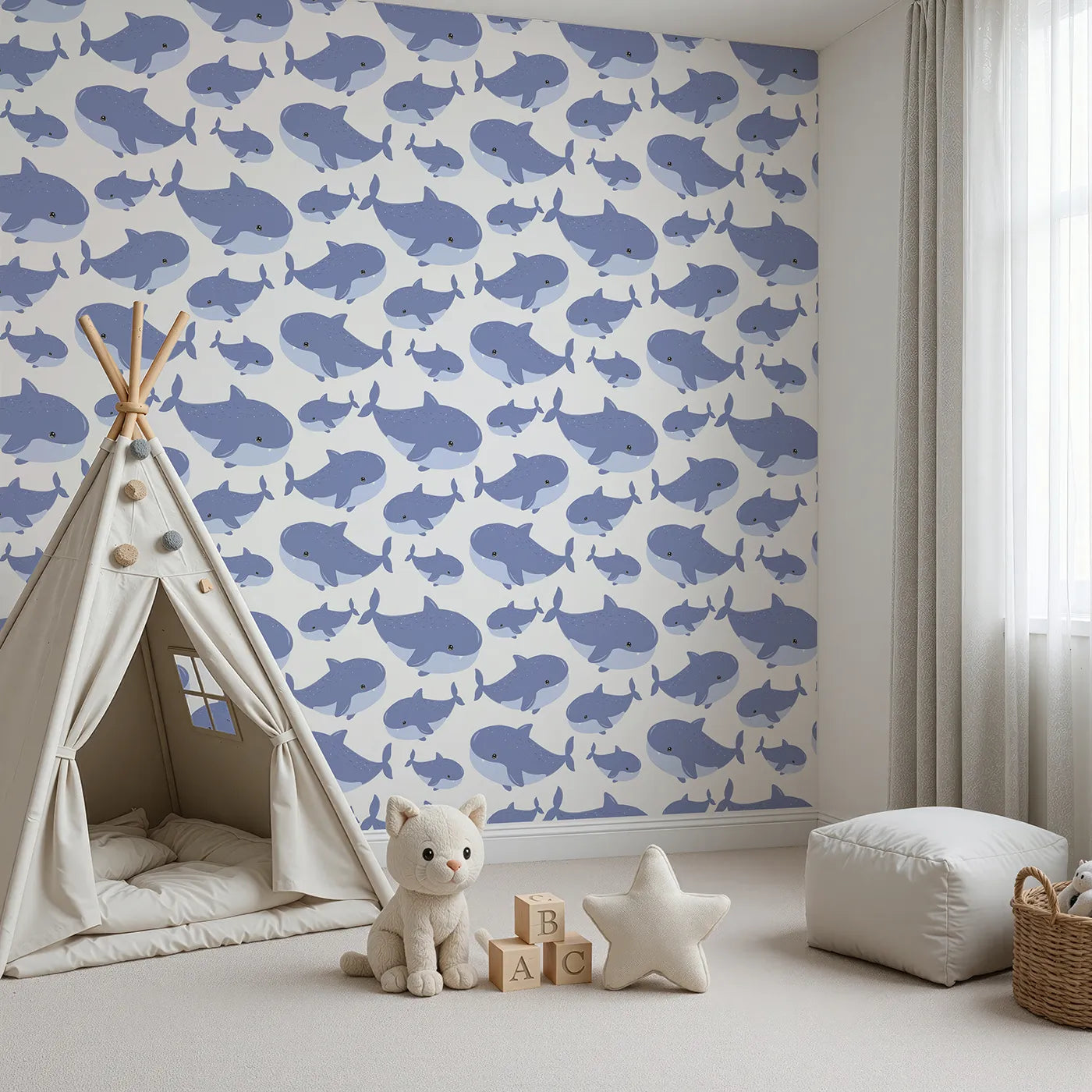 Angled view of Whimsy Tots' Whale Shark Wiggles Wallpaper in Blue (W3043A).Friendly whale sharks glide across a bubbly blue sea.