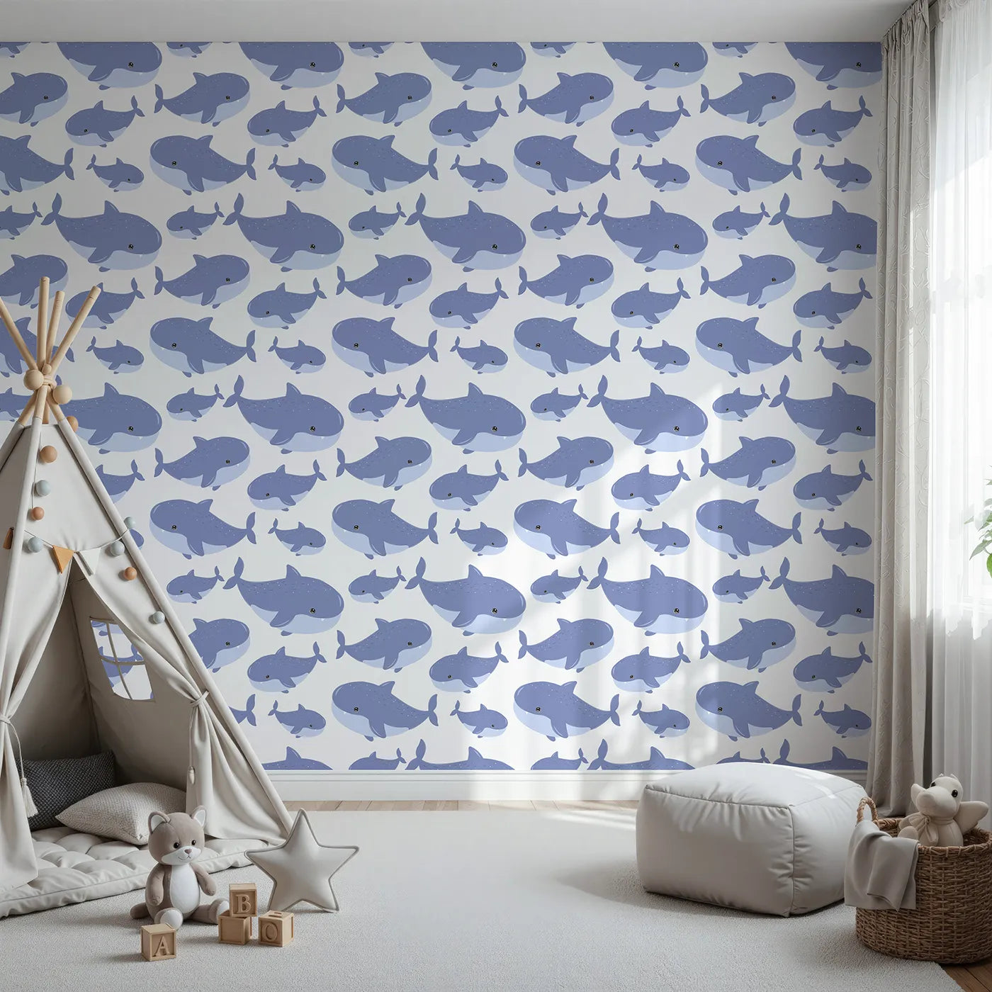 Front view of Whimsy Tots' Whale Shark Wiggles Wallpaper in Blue
