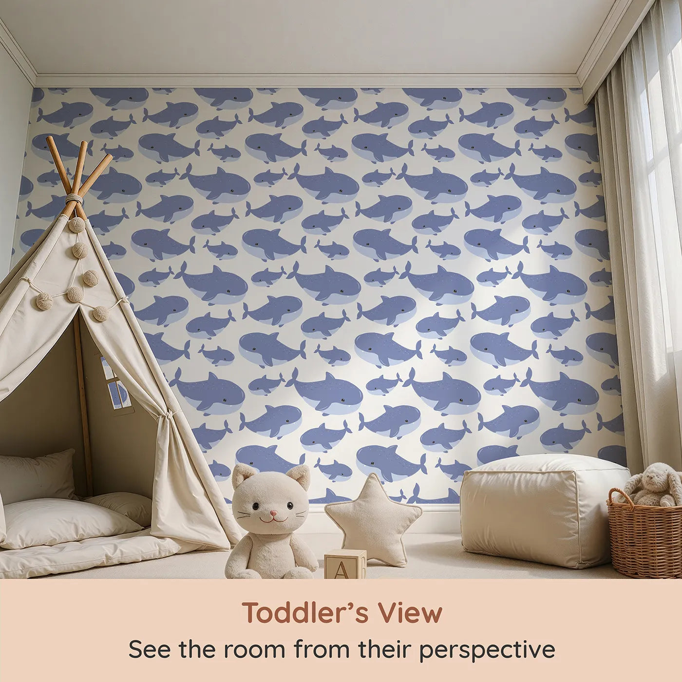 Whimsy Tots Whale Shark Wiggles Wallpaper in Blue (W3043A) from your child's view.Friendly whale sharks glide across a bubbly blue sea.