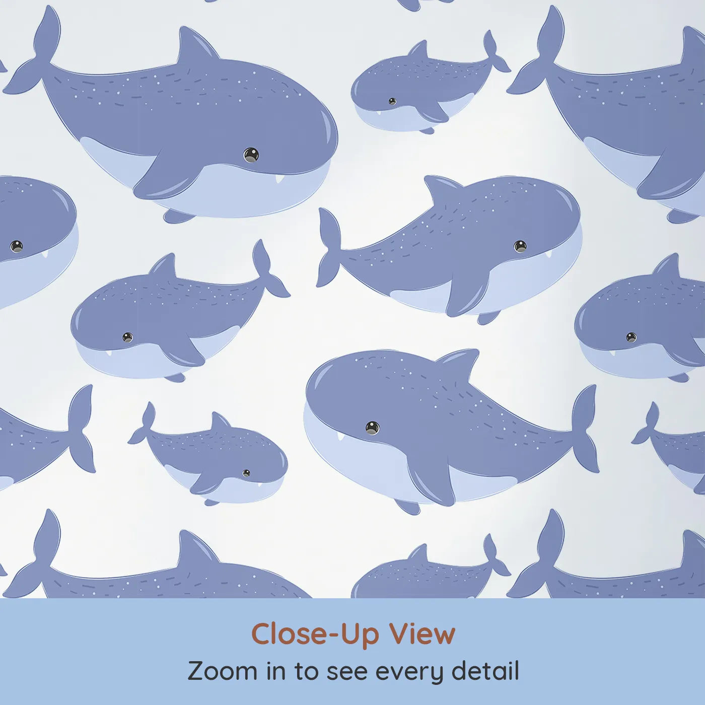 Close-up view of Whimsy Tots' Whale Shark Wiggles Wallpaper in Blue (W3043A).Friendly whale sharks glide across a bubbly blue sea.