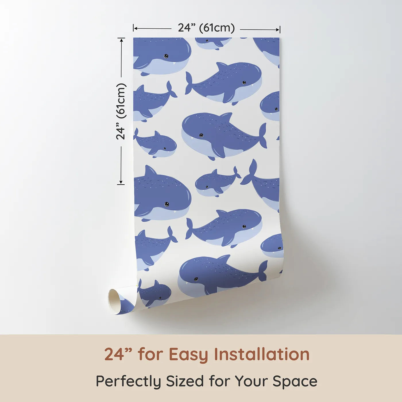 Dimension view of Whimsy Tots Whale Shark Wiggles Wallpaper in Blue (W3043A). Printed in 24-inch-wide panel for easy installation. Friendly whale sharks glide across a bubbly blue sea.