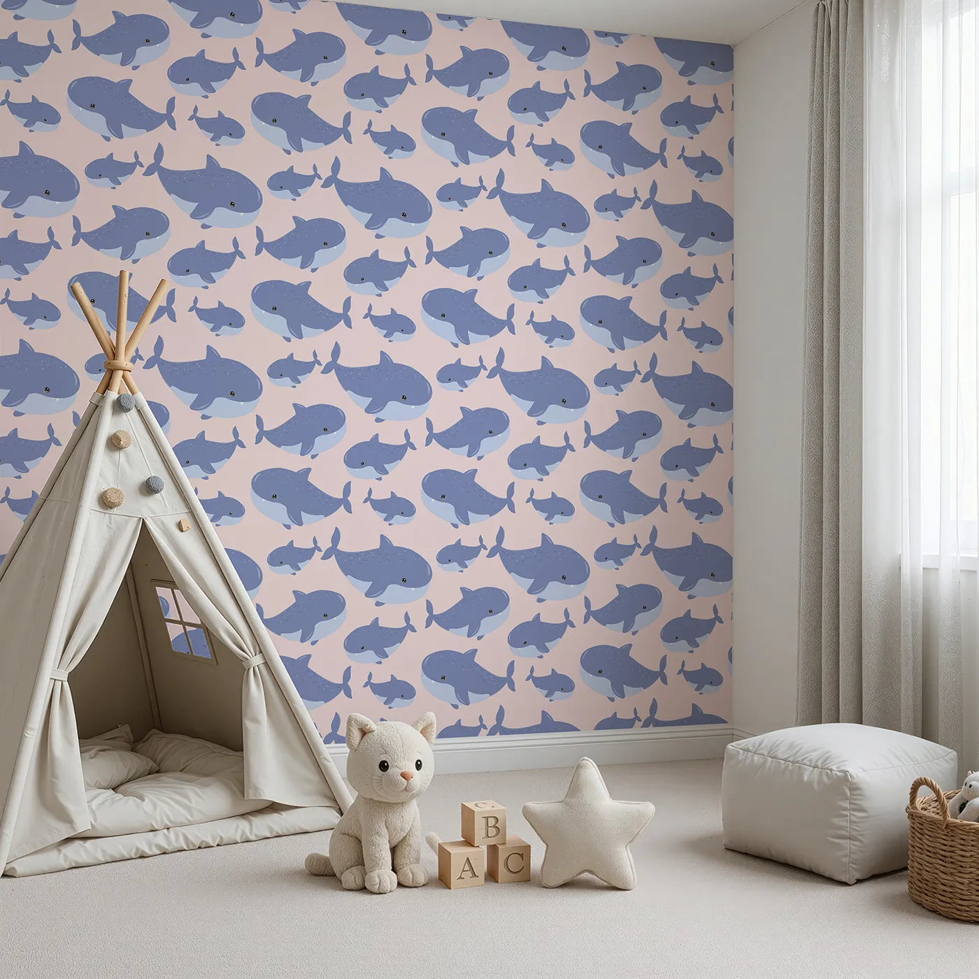 Angled view of Whimsy Tots' Whale Shark Wiggles Wallpaper in Blush Pink (W3043B).Smiley whale sharks swim through a rosy pink sea of calm.
