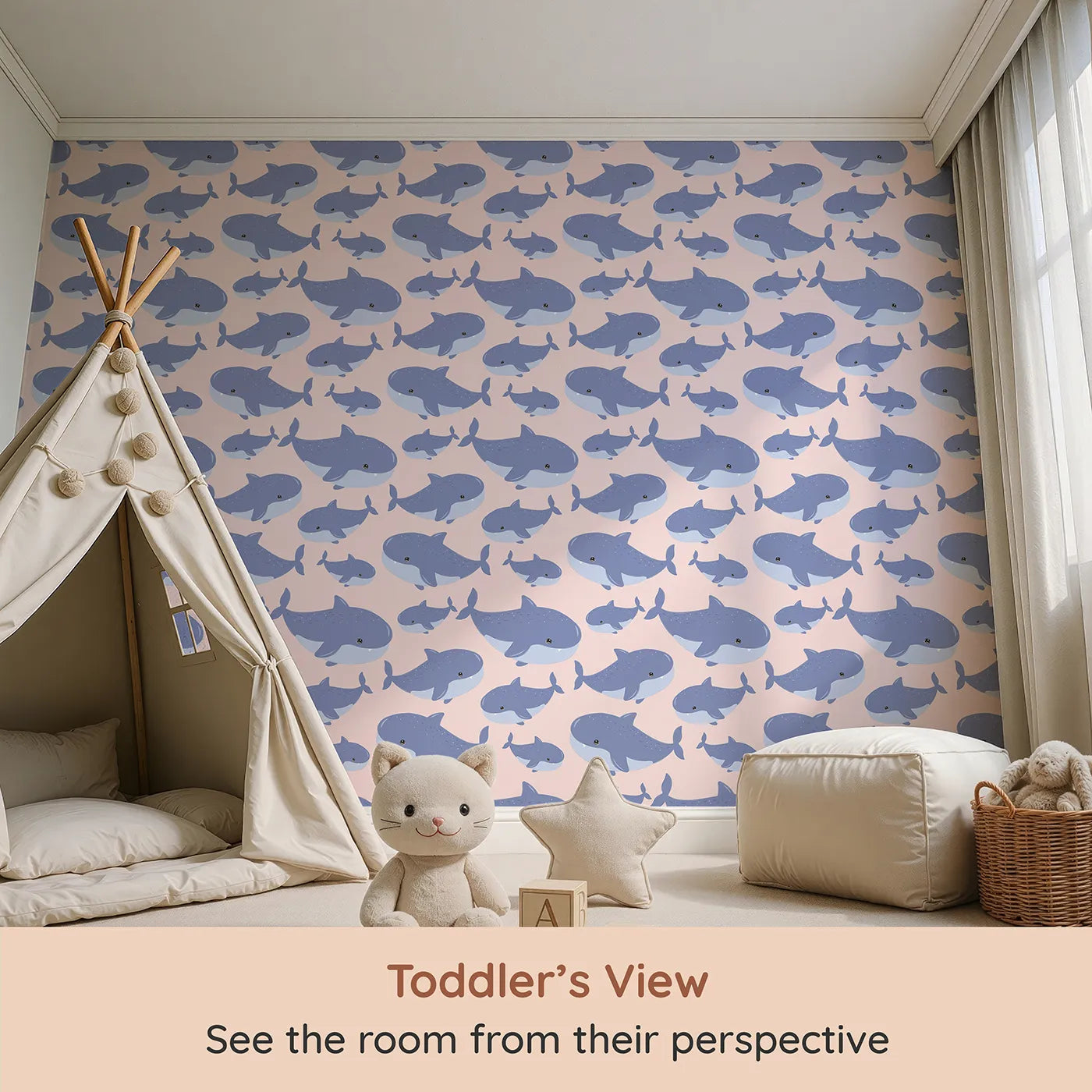 Whimsy Tots Whale Shark Wiggles Wallpaper in Blush Pink (W3043B) from your child's view.Smiley whale sharks swim through a rosy pink sea of calm.