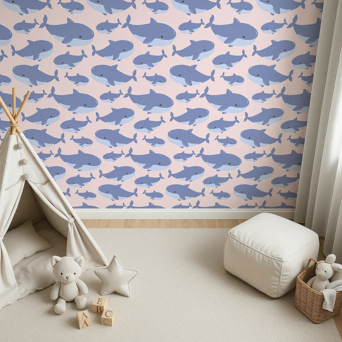 Top-Down view of Whimsy Tots' Whale Shark Wiggles Wallpaper in Blush Pink (W3043B).Smiley whale sharks swim through a rosy pink sea of calm.
