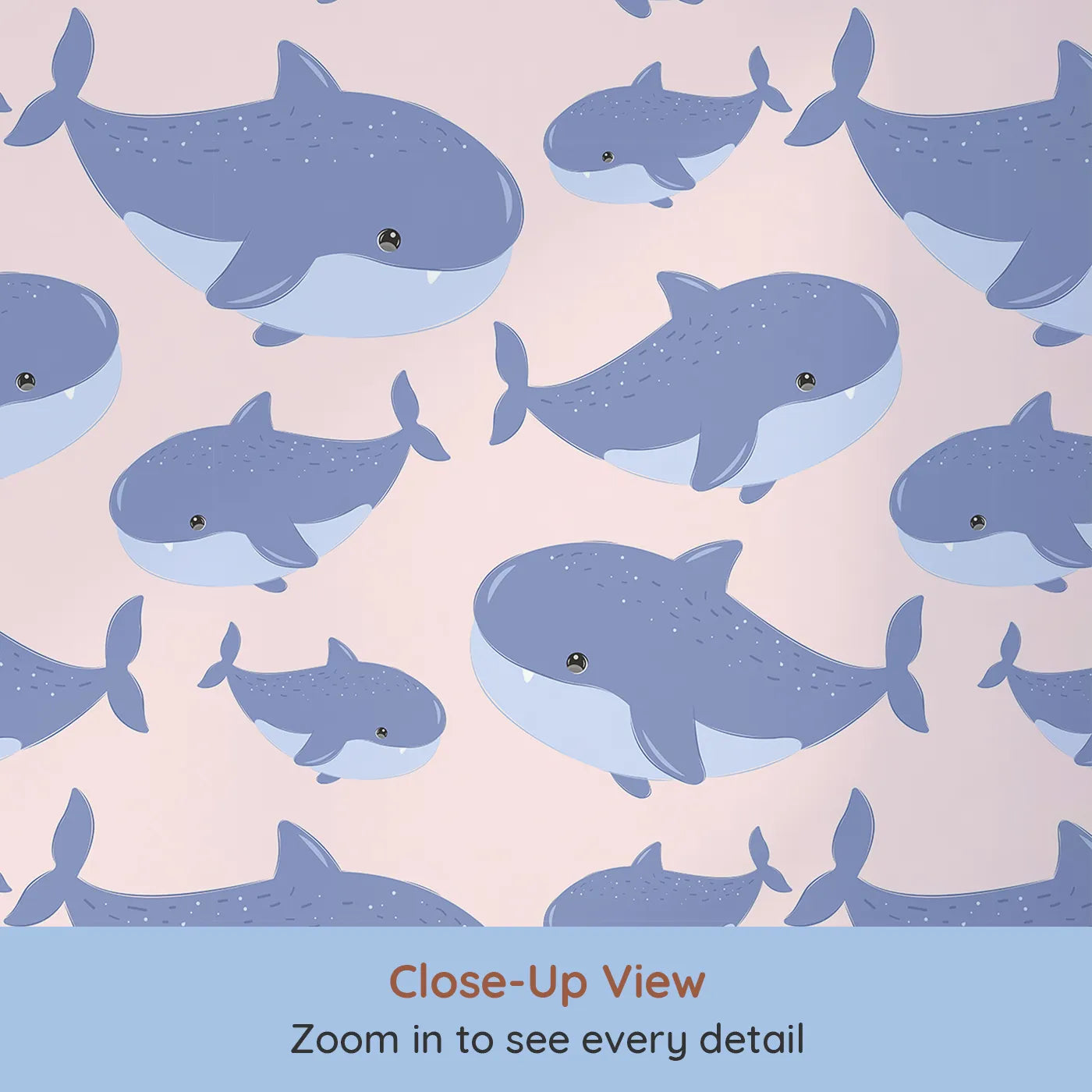 Close-up view of Whimsy Tots' Whale Shark Wiggles Wallpaper in Blush Pink (W3043B).Smiley whale sharks swim through a rosy pink sea of calm.