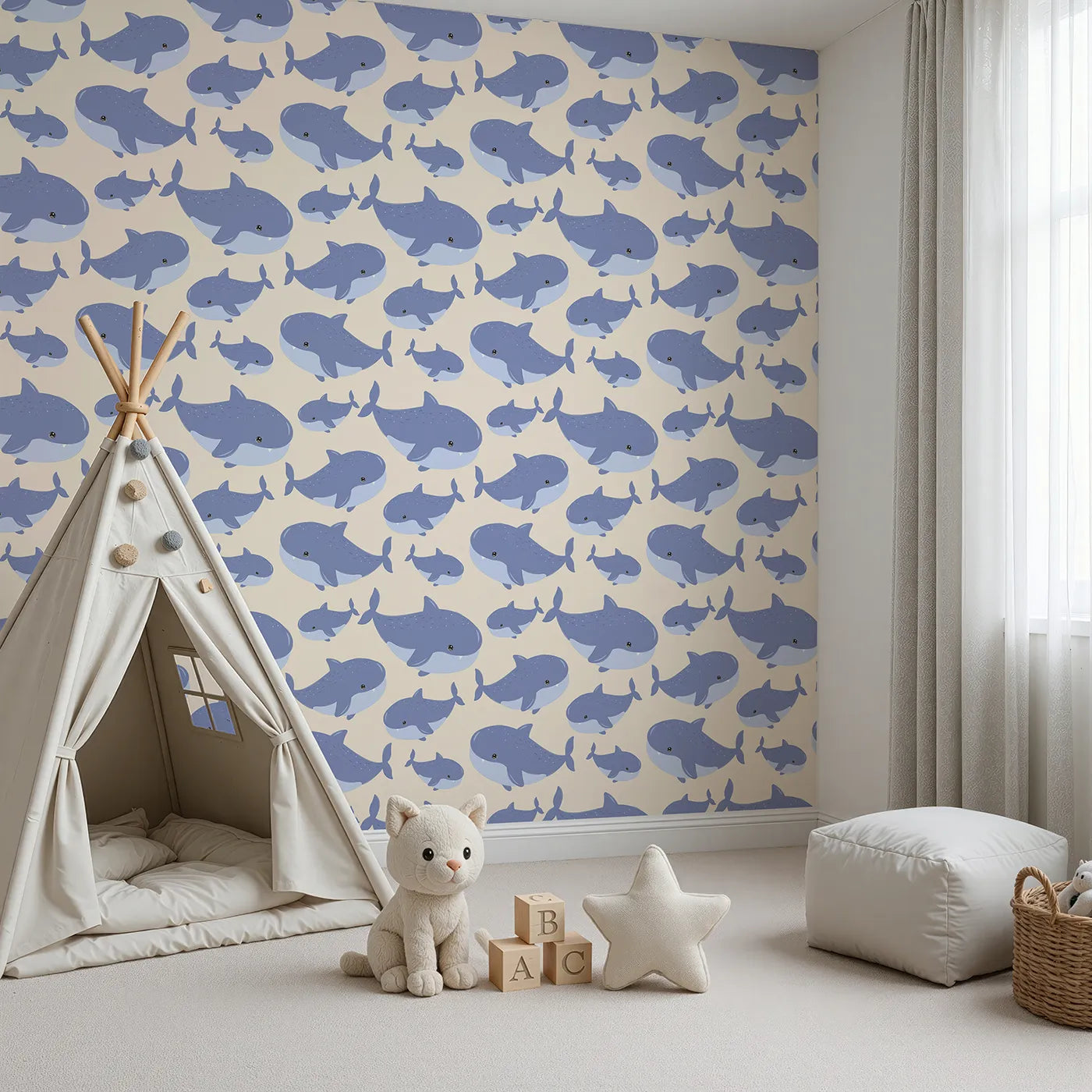 Angled view of Whimsy Tots' Whale Shark Wiggles Wallpaper in Beige (W3043C).Gentle whale sharks glide through soft sandy seas.