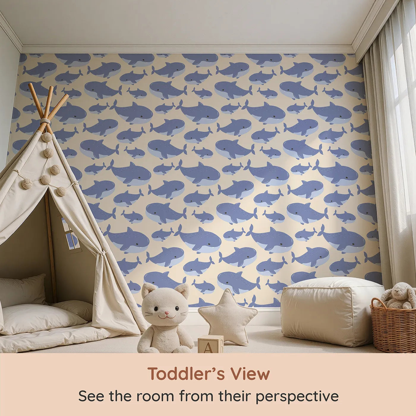 Whimsy Tots Whale Shark Wiggles Wallpaper in Beige (W3043C) from your child's view.Gentle whale sharks glide through soft sandy seas.