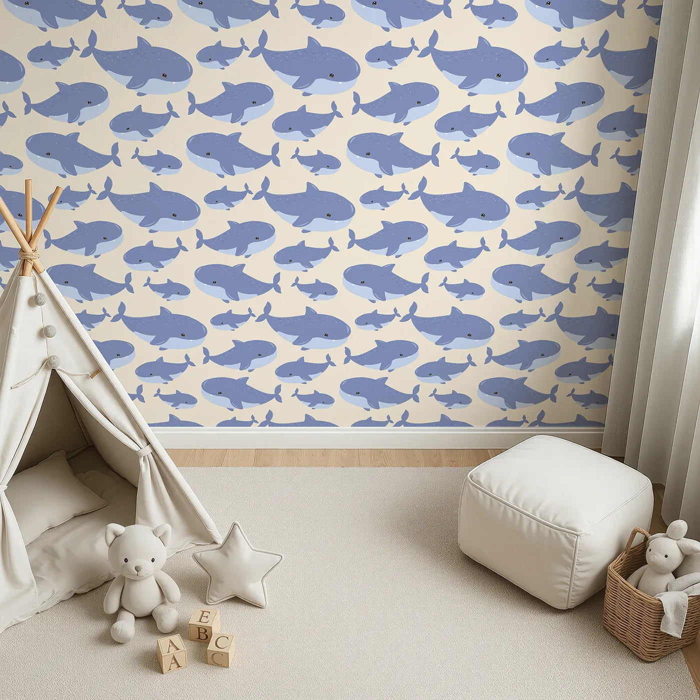 Top-Down view of Whimsy Tots' Whale Shark Wiggles Wallpaper in Beige (W3043C).Gentle whale sharks glide through soft sandy seas.