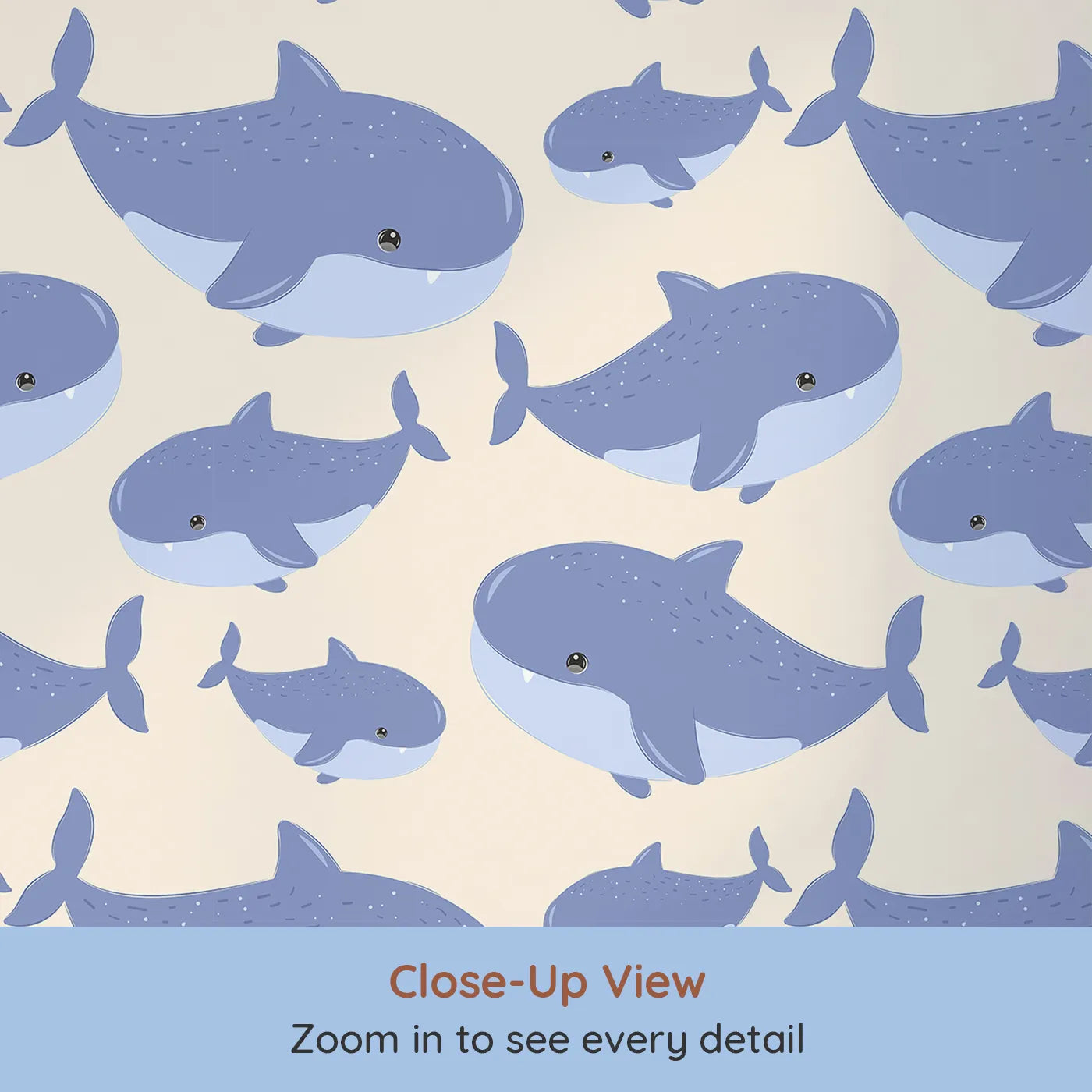 Close-up view of Whimsy Tots' Whale Shark Wiggles Wallpaper in Beige (W3043C).Gentle whale sharks glide through soft sandy seas.