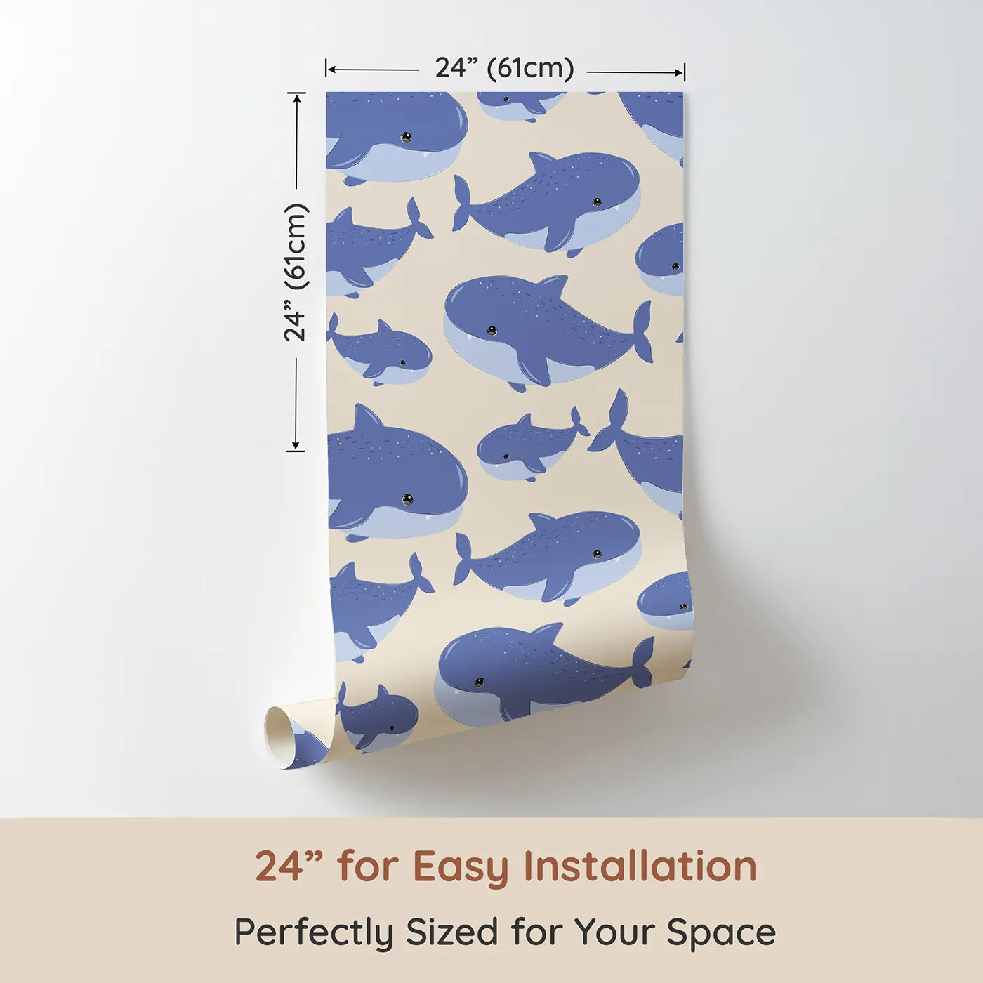 Dimension view of Whimsy Tots Whale Shark Wiggles Wallpaper in Beige (W3043C). Printed in 24-inch-wide panel for easy installation. Gentle whale sharks glide through soft sandy seas.