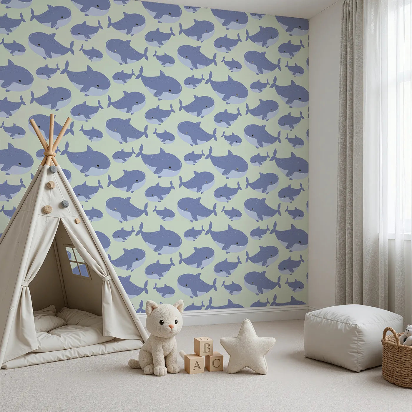Angled view of Whimsy Tots' Whale Shark Wiggles Wallpaper in Mint Green (W3043D).Charming whale sharks drift through soft minty waters.