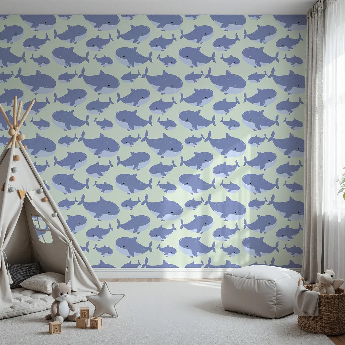 Front view of Whimsy Tots' Whale Shark Wiggles Wallpaper in Mint Green