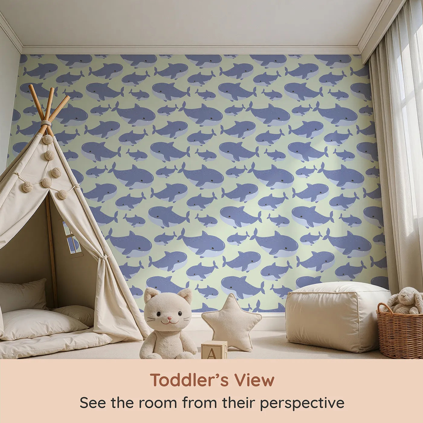 Whimsy Tots Whale Shark Wiggles Wallpaper in Mint Green (W3043D) from your child's view.Charming whale sharks drift through soft minty waters.